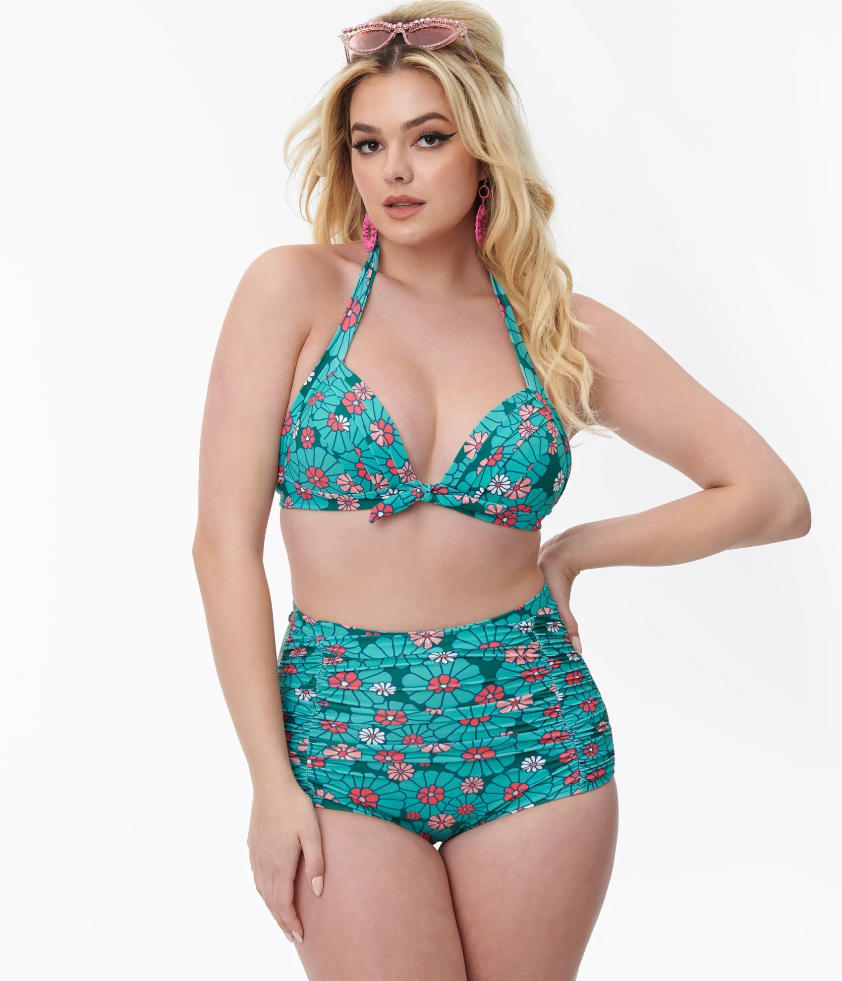 Unique Vintage Teal Flower Child Monroe Halter Swim Top Online