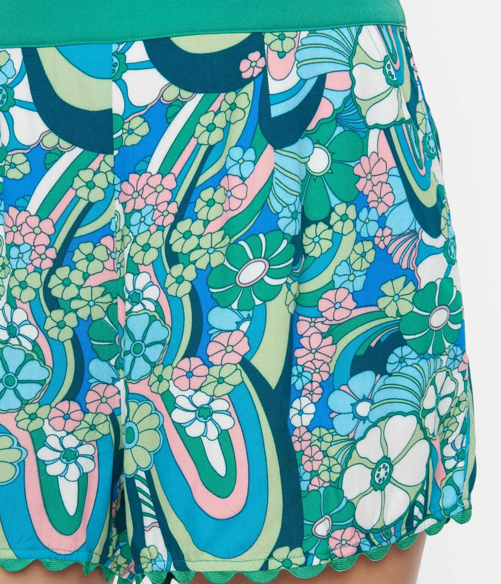 Unique Vintage Teal Psychedelic Floral Scallop Trim Shorts Flash Sale