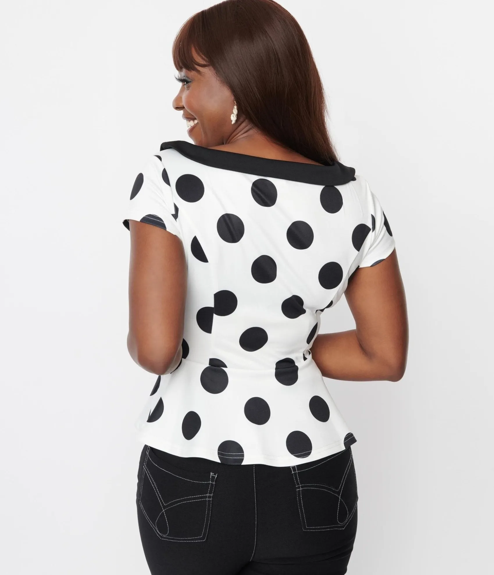Unique Vintage White & Black Polka Dot Peplum Top Store