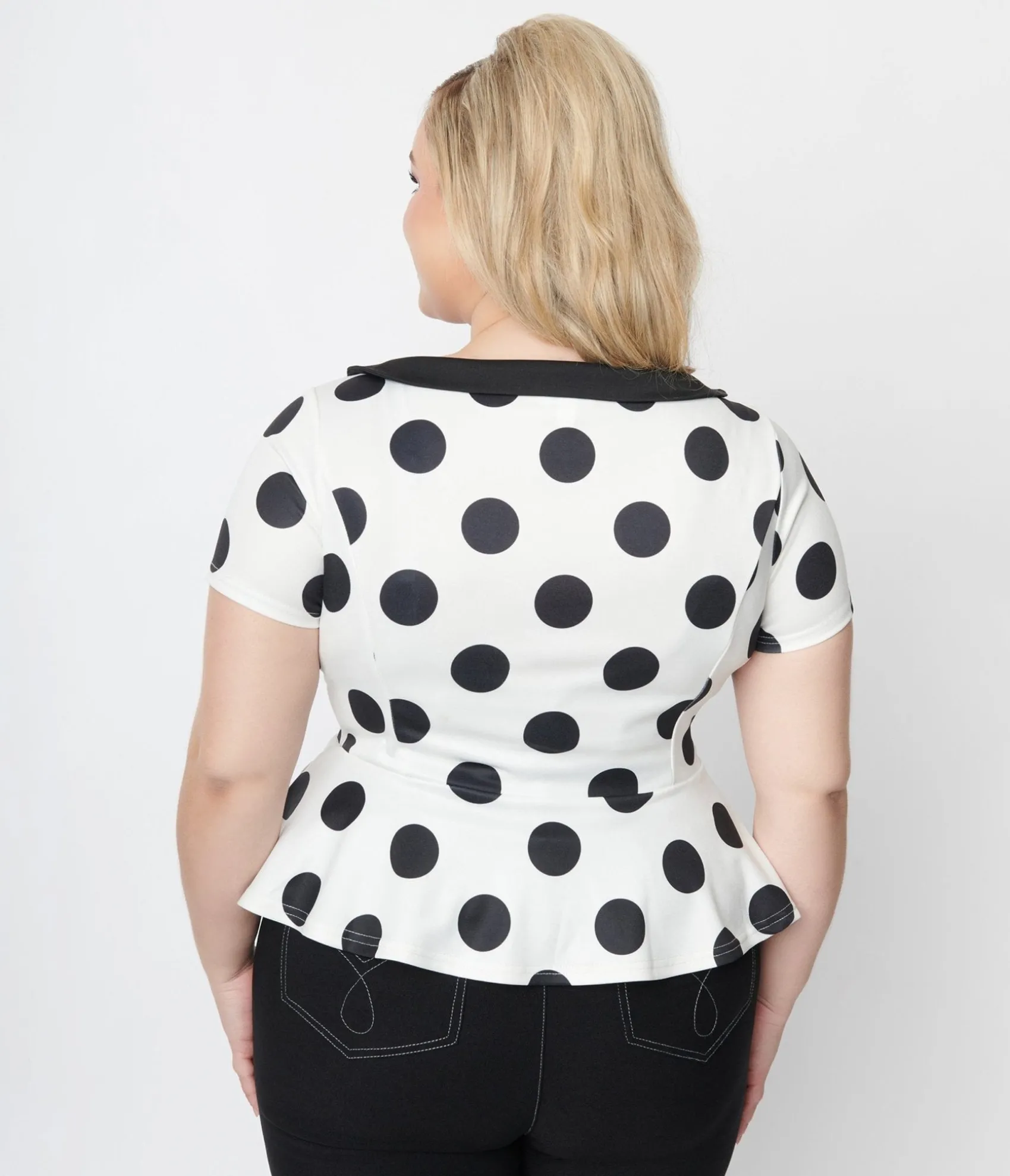 Unique Vintage White & Black Polka Dot Peplum Top Store