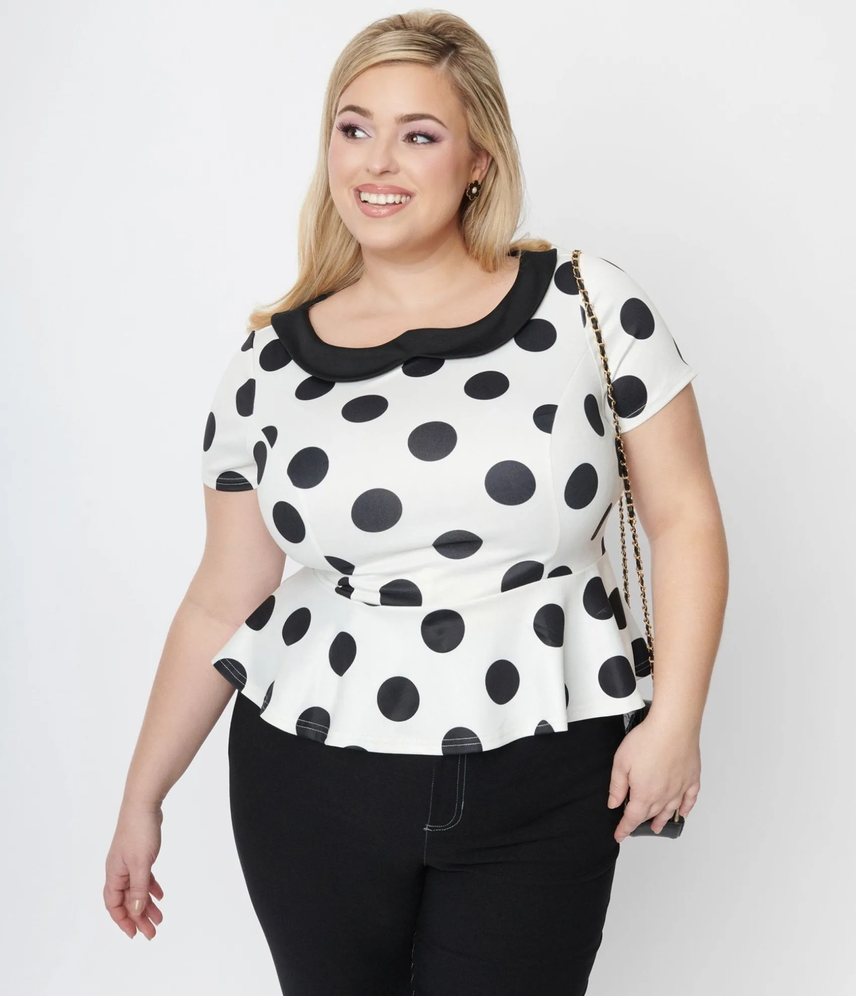 Unique Vintage White & Black Polka Dot Peplum Top Store