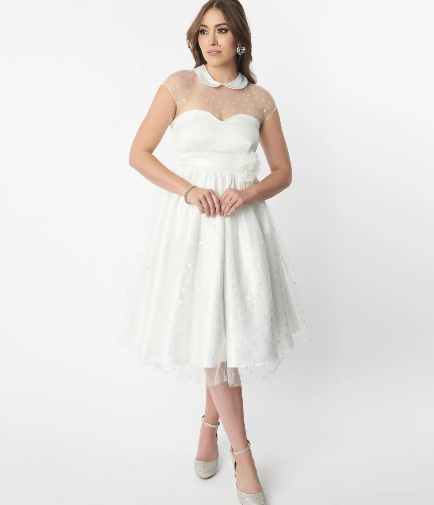 Unique Vintage White & Iridescent Heart Bridal Swing Dress Flash Sale
