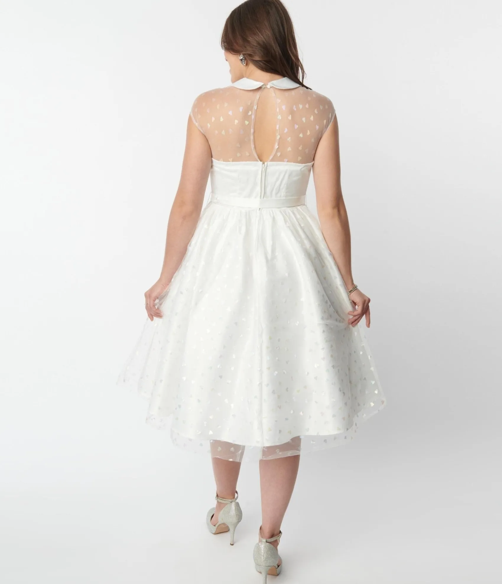 Unique Vintage White & Iridescent Heart Bridal Swing Dress Flash Sale