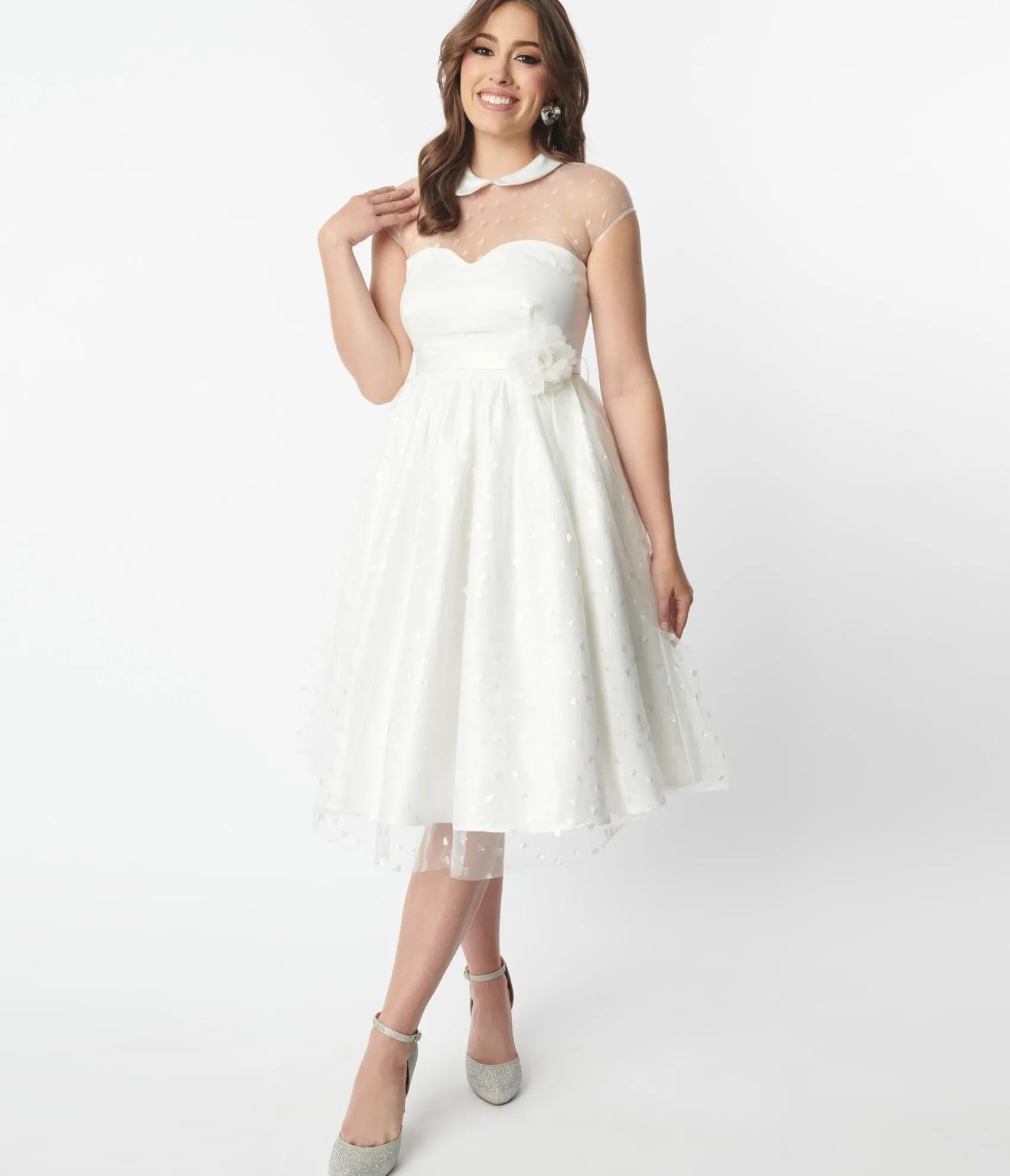 Unique Vintage White & Iridescent Heart Bridal Swing Dress Flash Sale