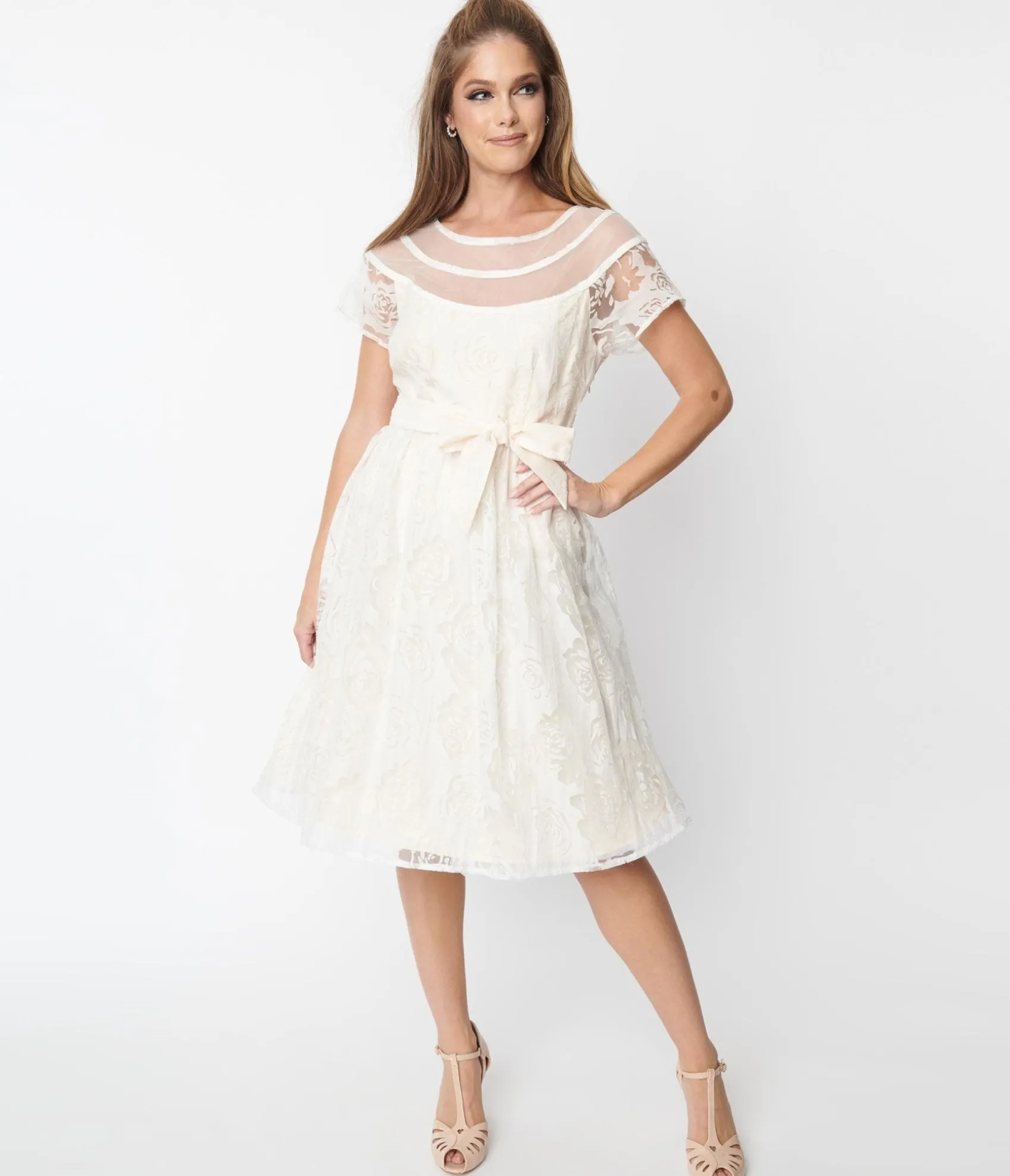Unique Vintage White Burnout Rose Flare Dress Best