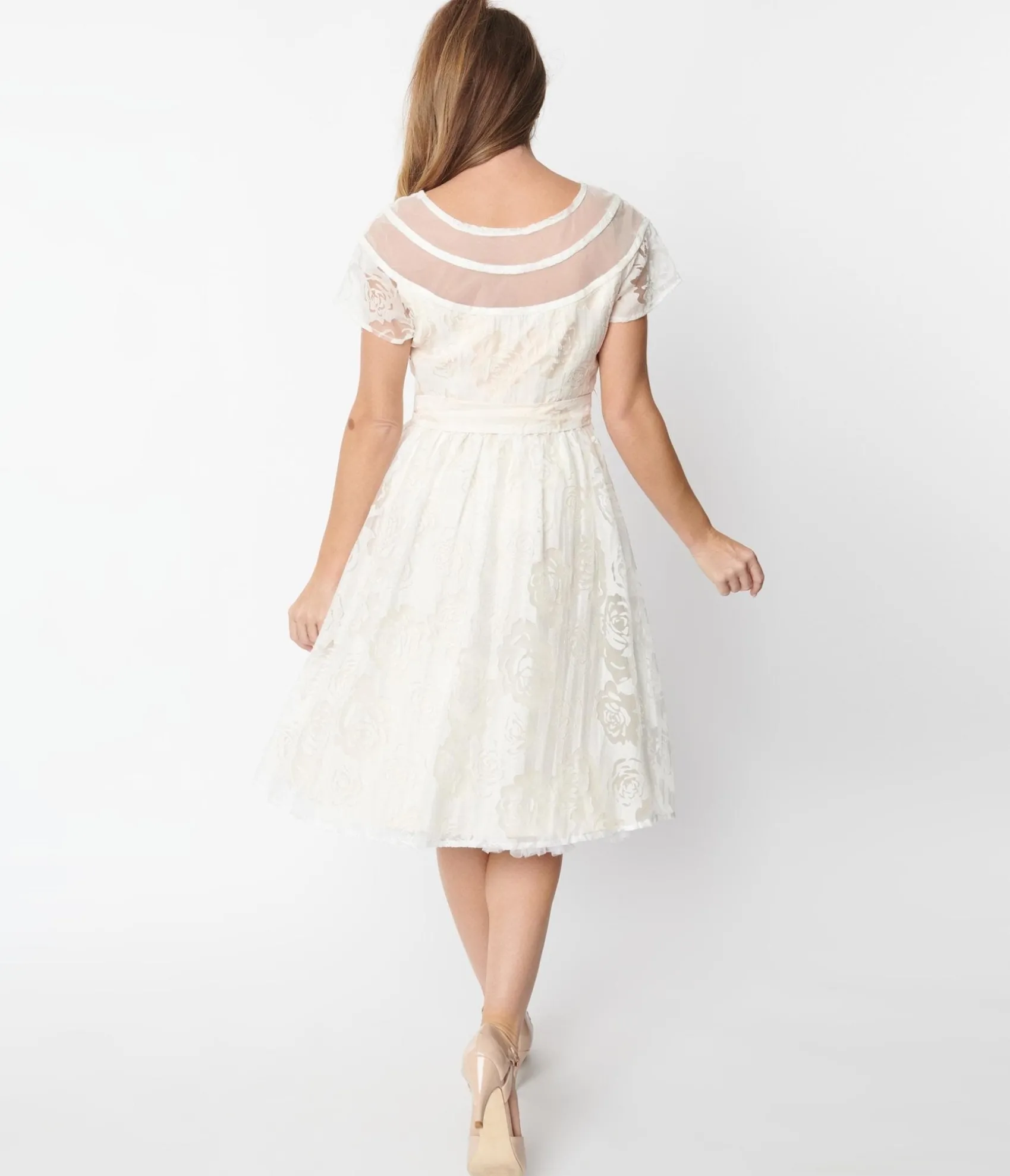 Unique Vintage White Burnout Rose Flare Dress Best