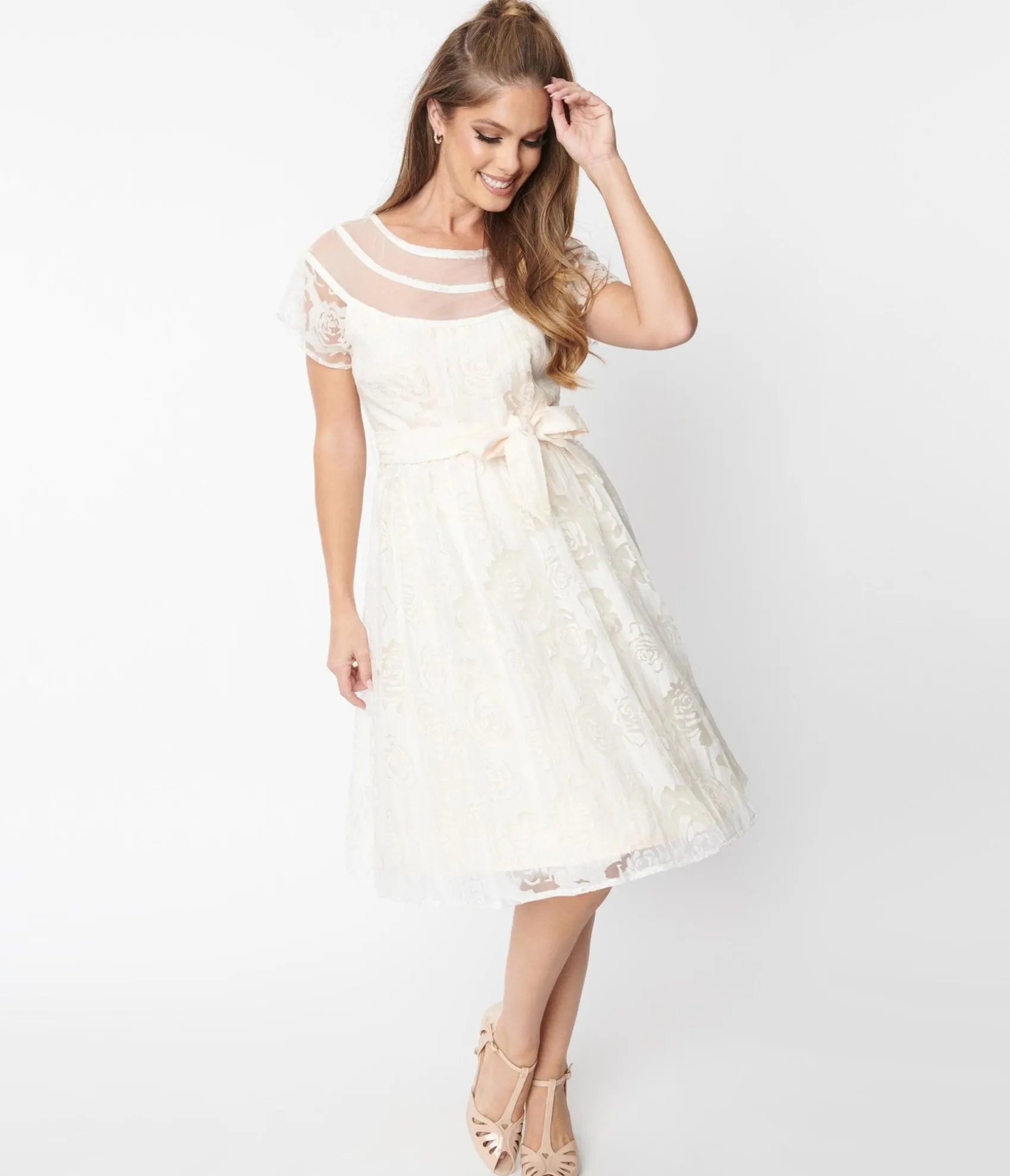 Unique Vintage White Burnout Rose Flare Dress Best