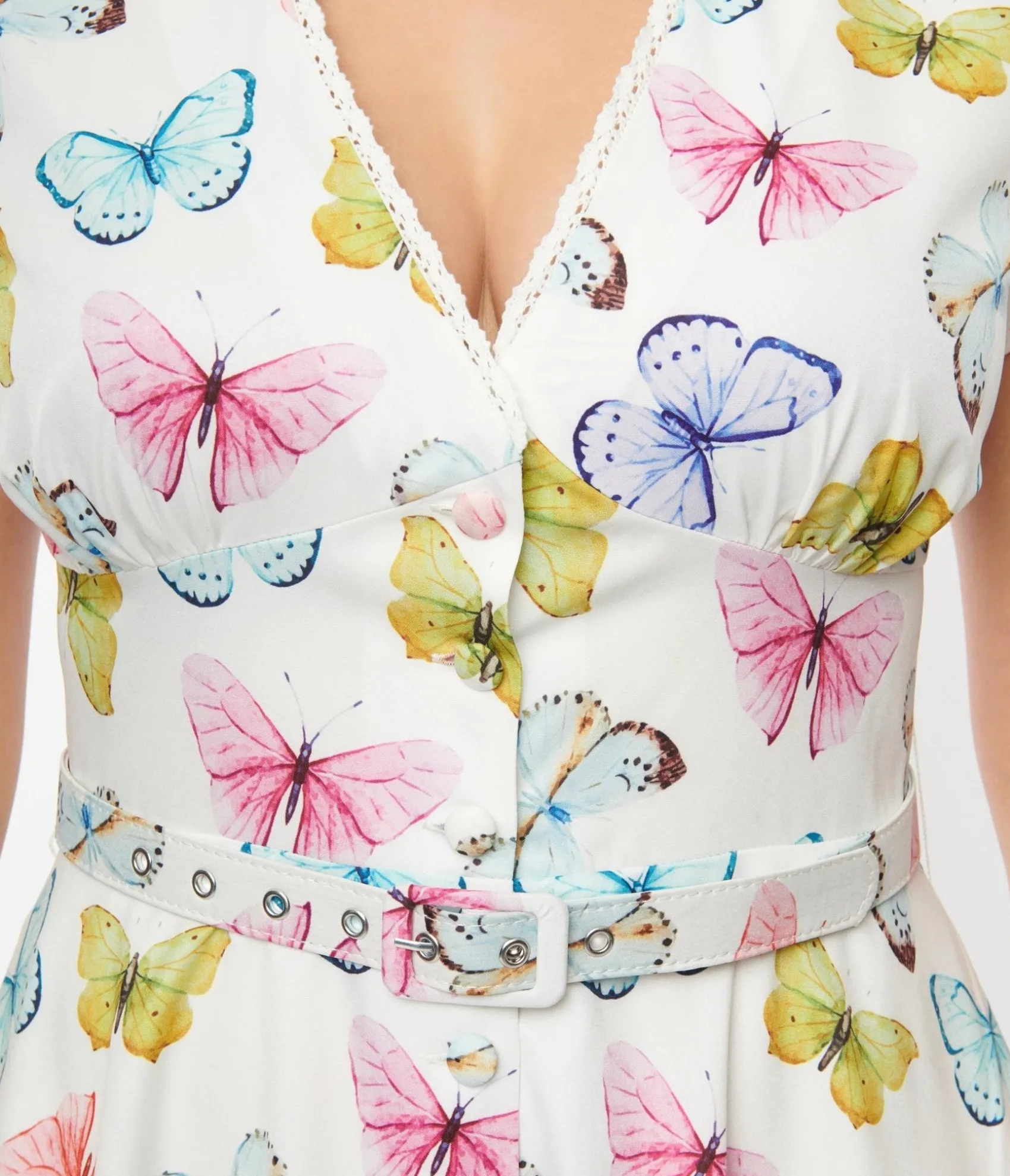 Unique Vintage White Butterfly Flutter Sleeve Swing Dress Discount