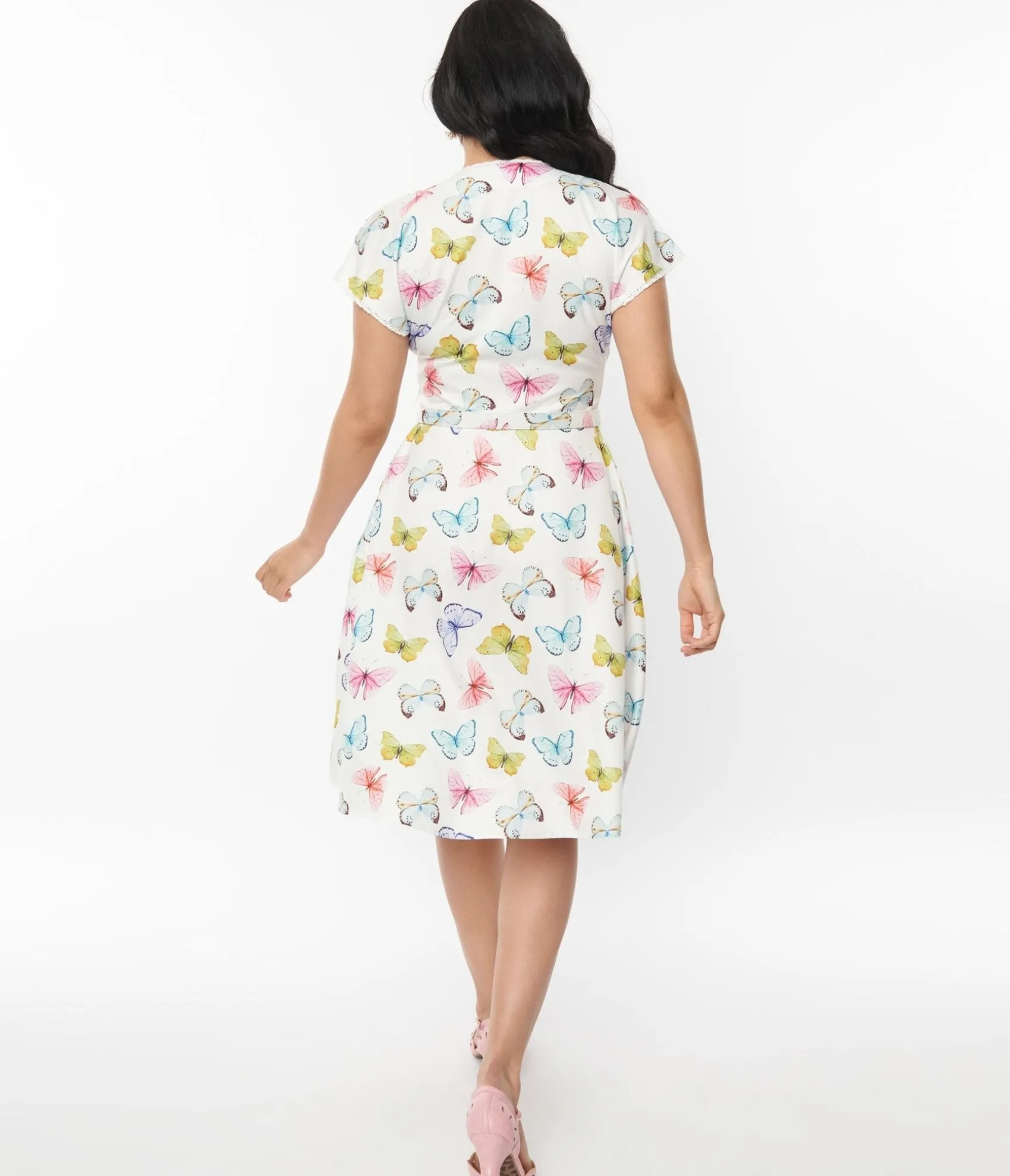 Unique Vintage White Butterfly Flutter Sleeve Swing Dress Discount