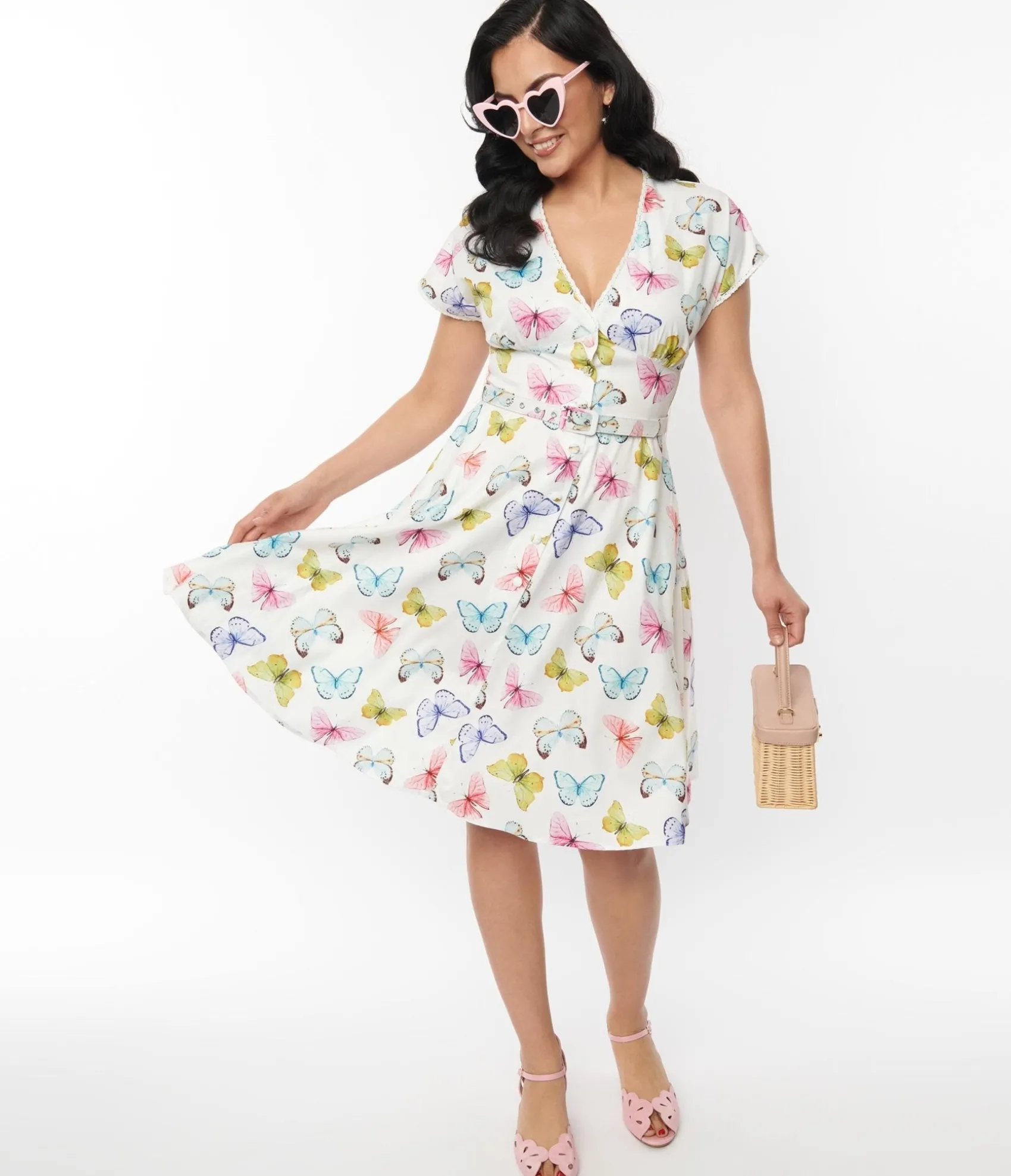 Unique Vintage White Butterfly Flutter Sleeve Swing Dress Discount