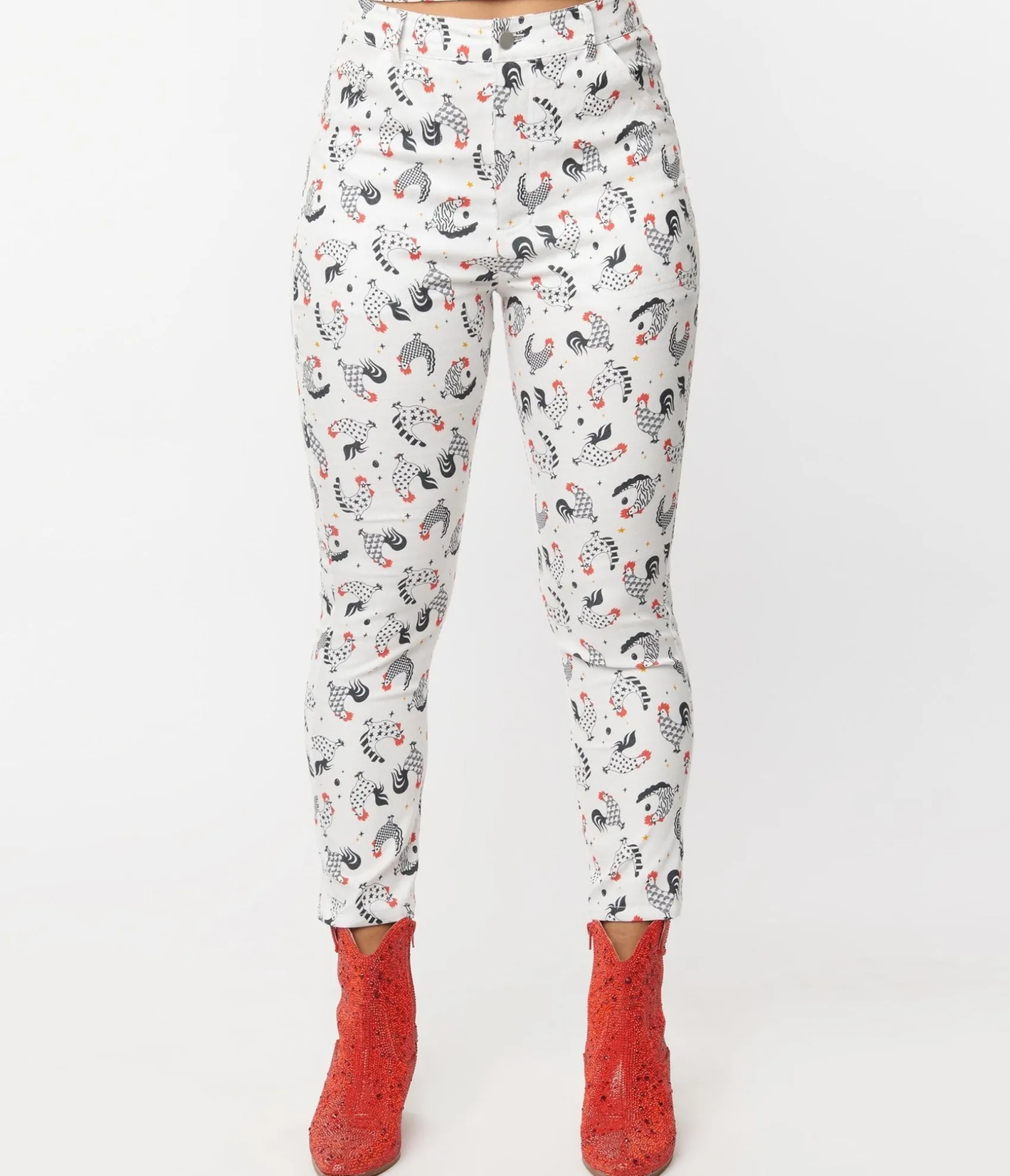 Unique Vintage White Chicken Print Cropped Capris Store