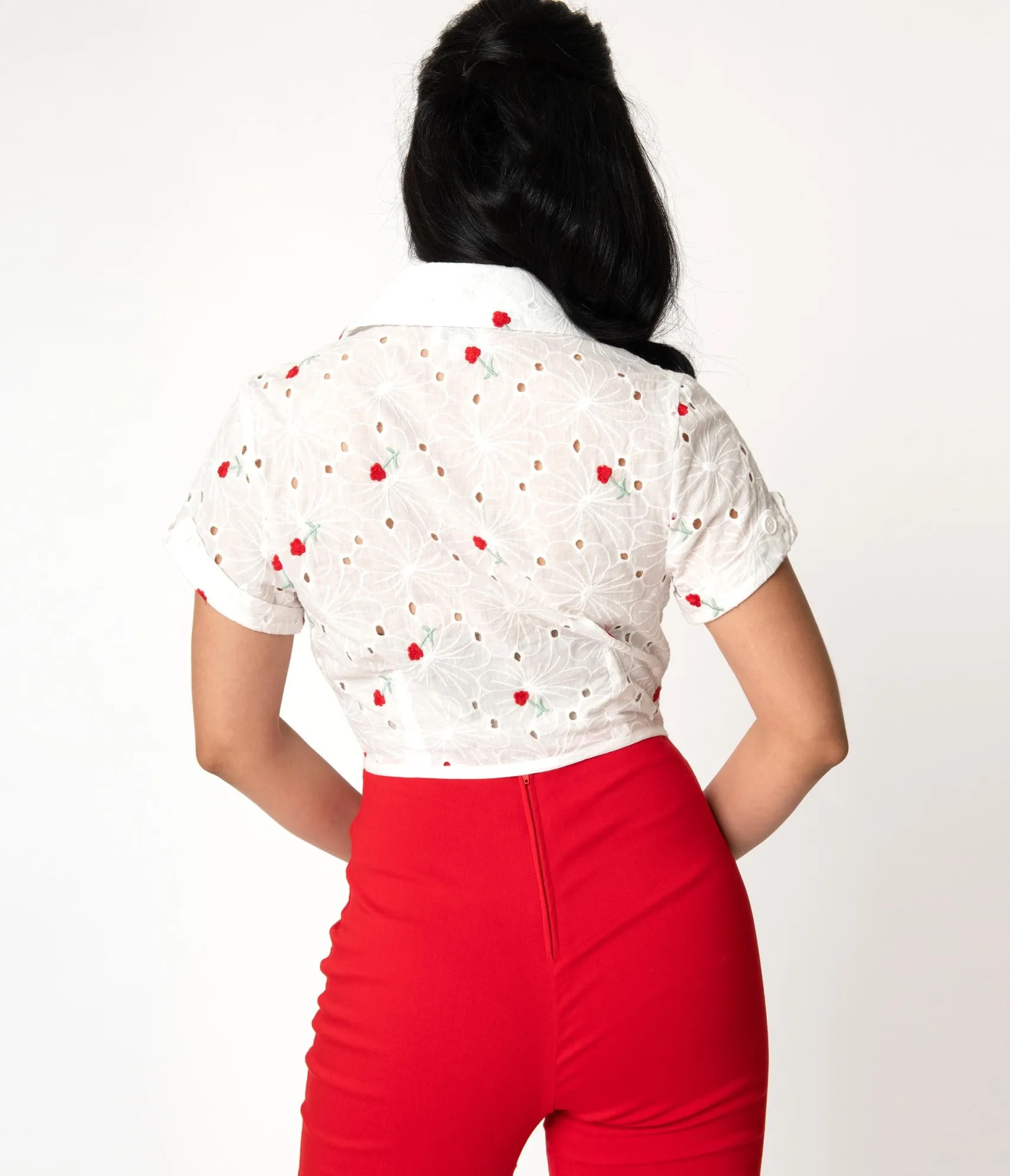 Unique Vintage White Eyelet & Red Florals Shirley Crop Top Hot