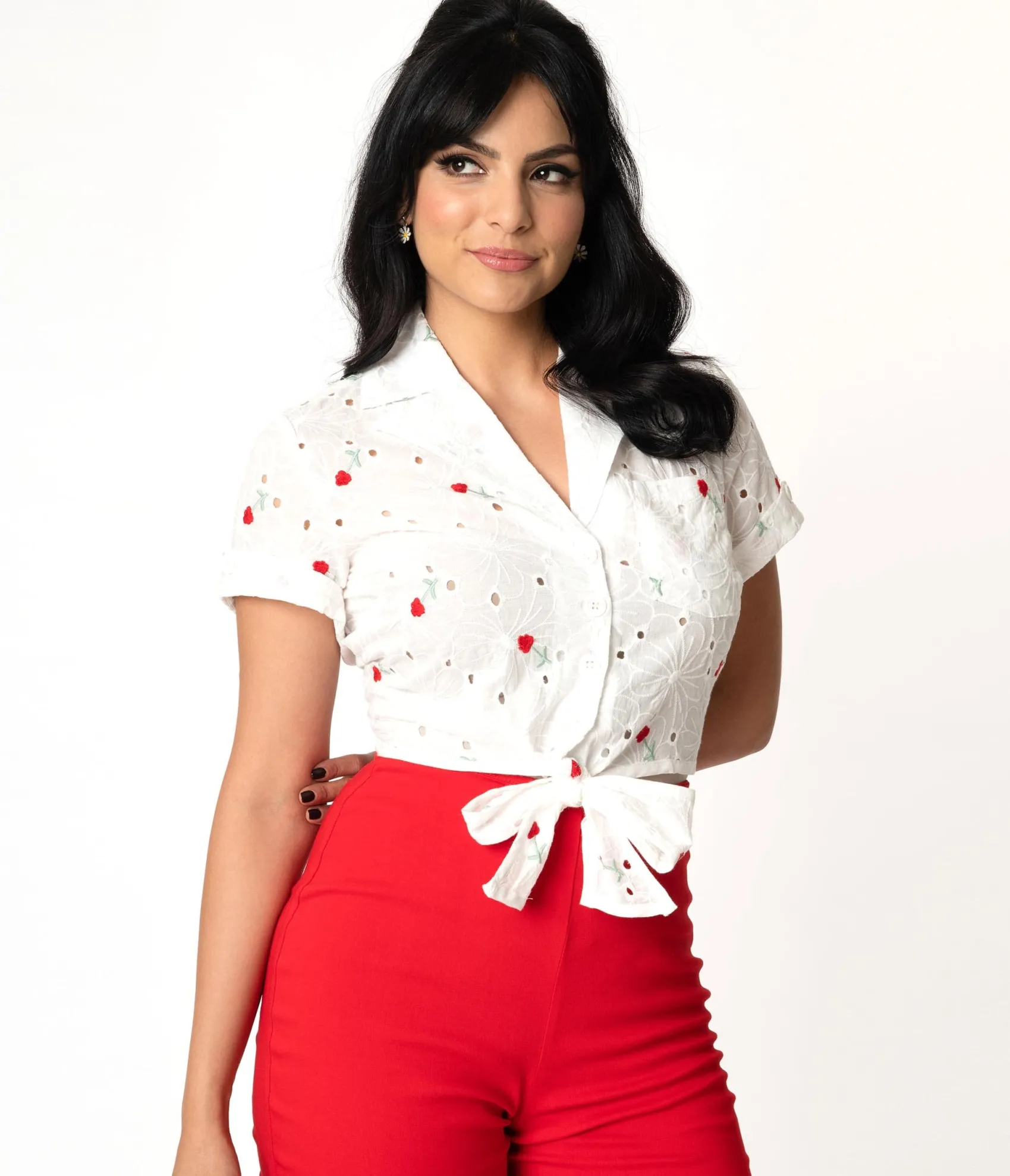 Unique Vintage White Eyelet & Red Florals Shirley Crop Top Hot