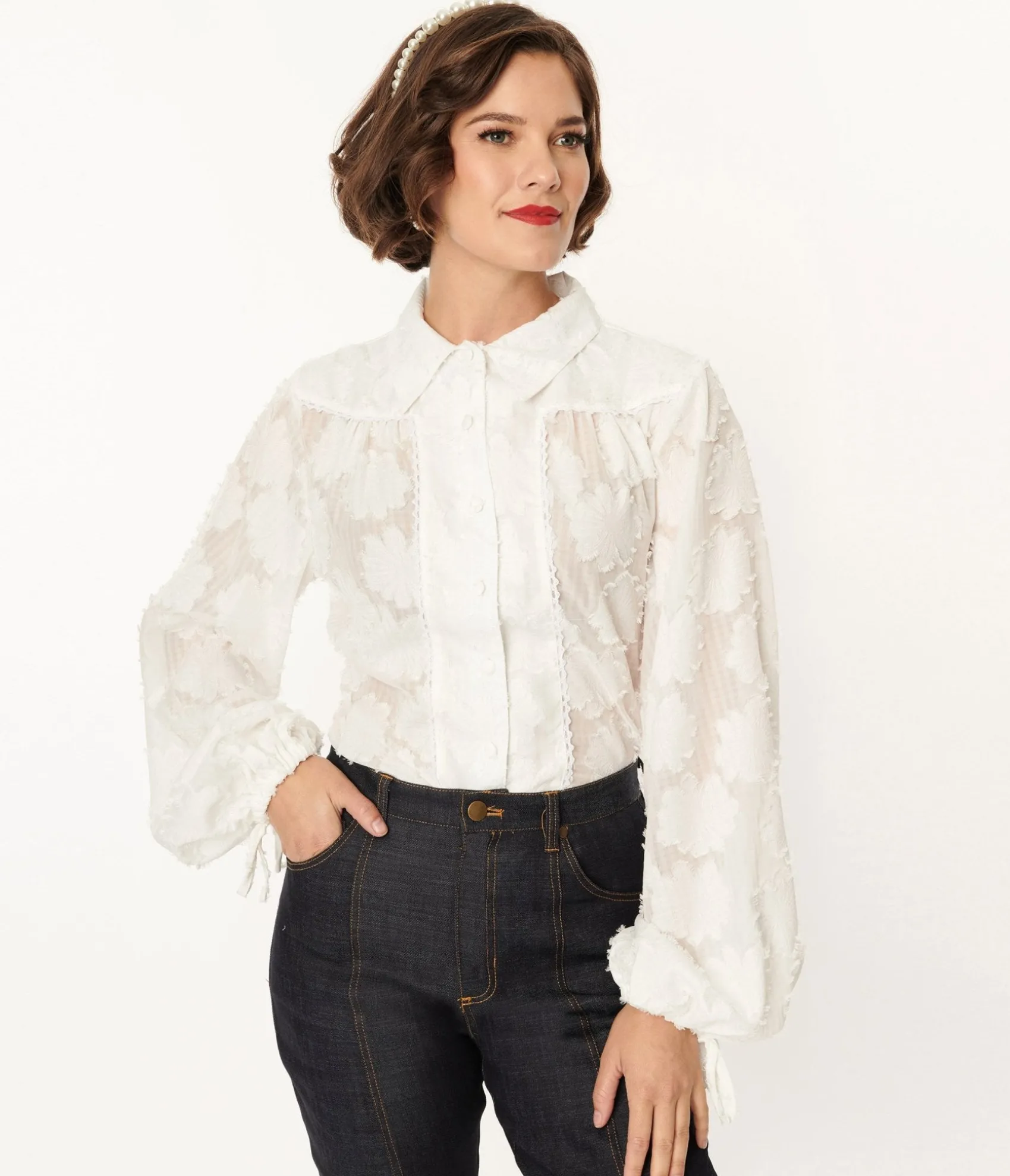 Unique Vintage White Floral Francesca Blouse Clearance