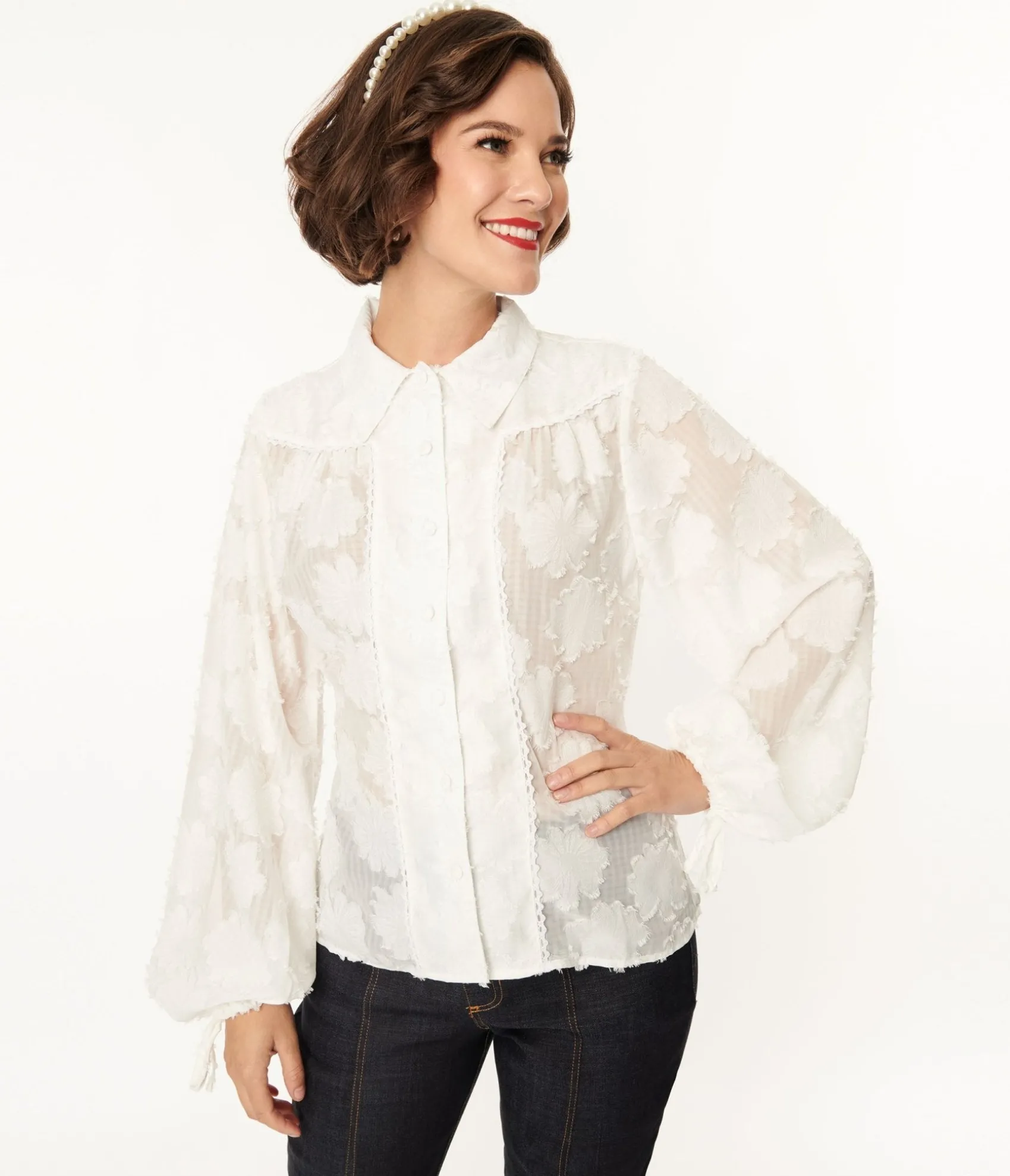 Unique Vintage White Floral Francesca Blouse Clearance
