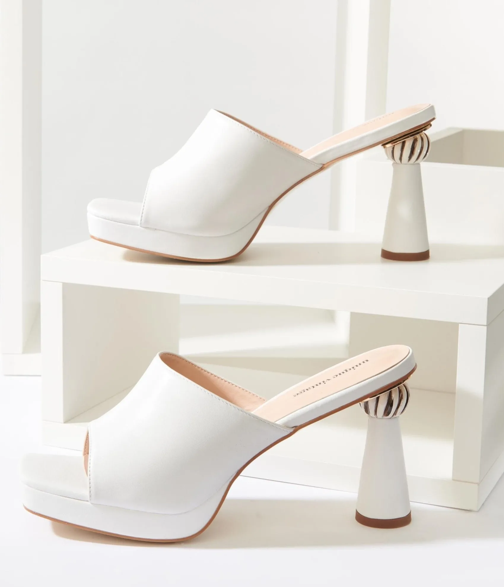 Unique Vintage White Leatherette Spiral Ball Mule Heels Clearance