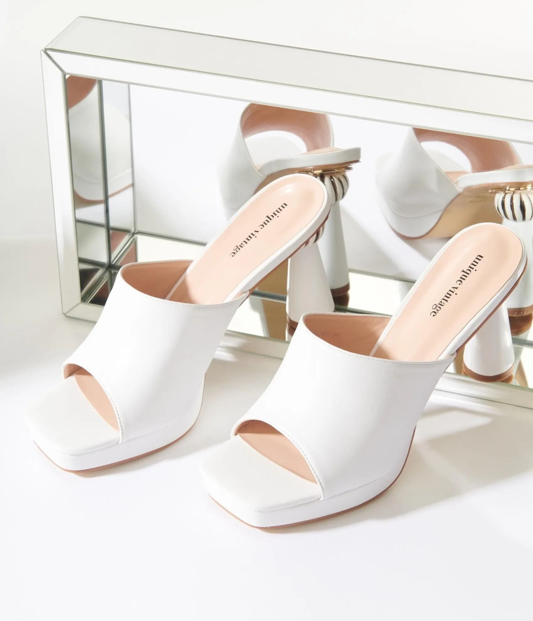 Unique Vintage White Leatherette Spiral Ball Mule Heels Clearance