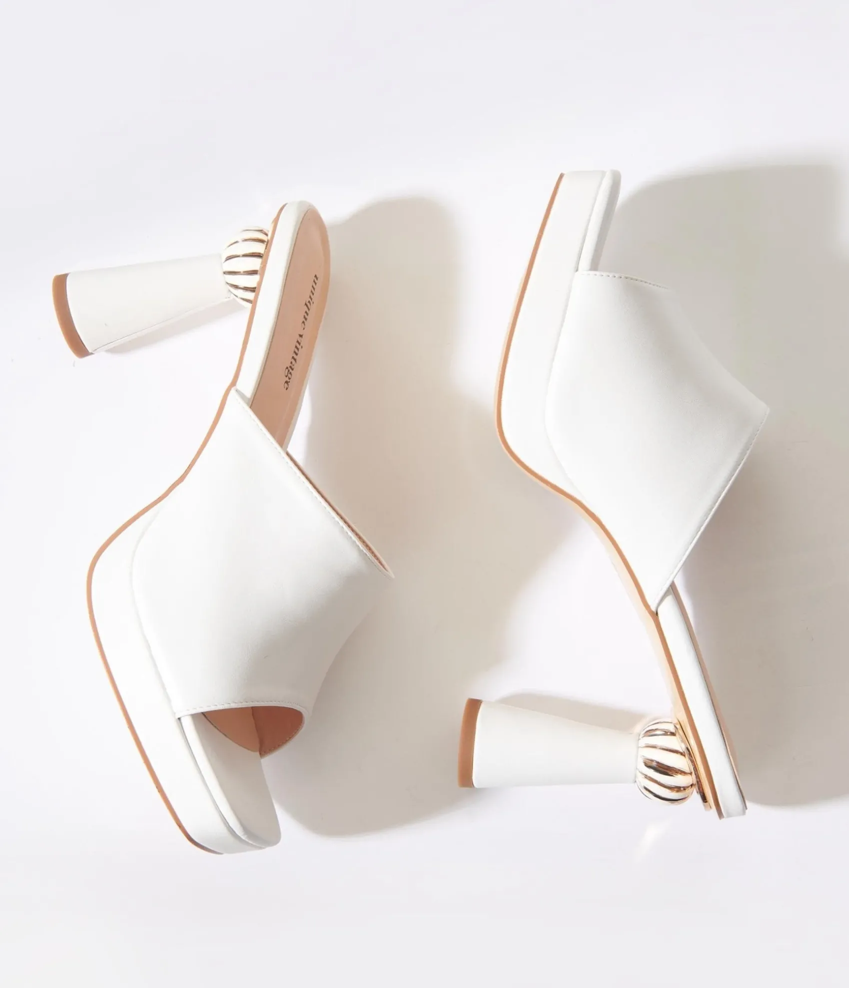 Unique Vintage White Leatherette Spiral Ball Mule Heels Clearance