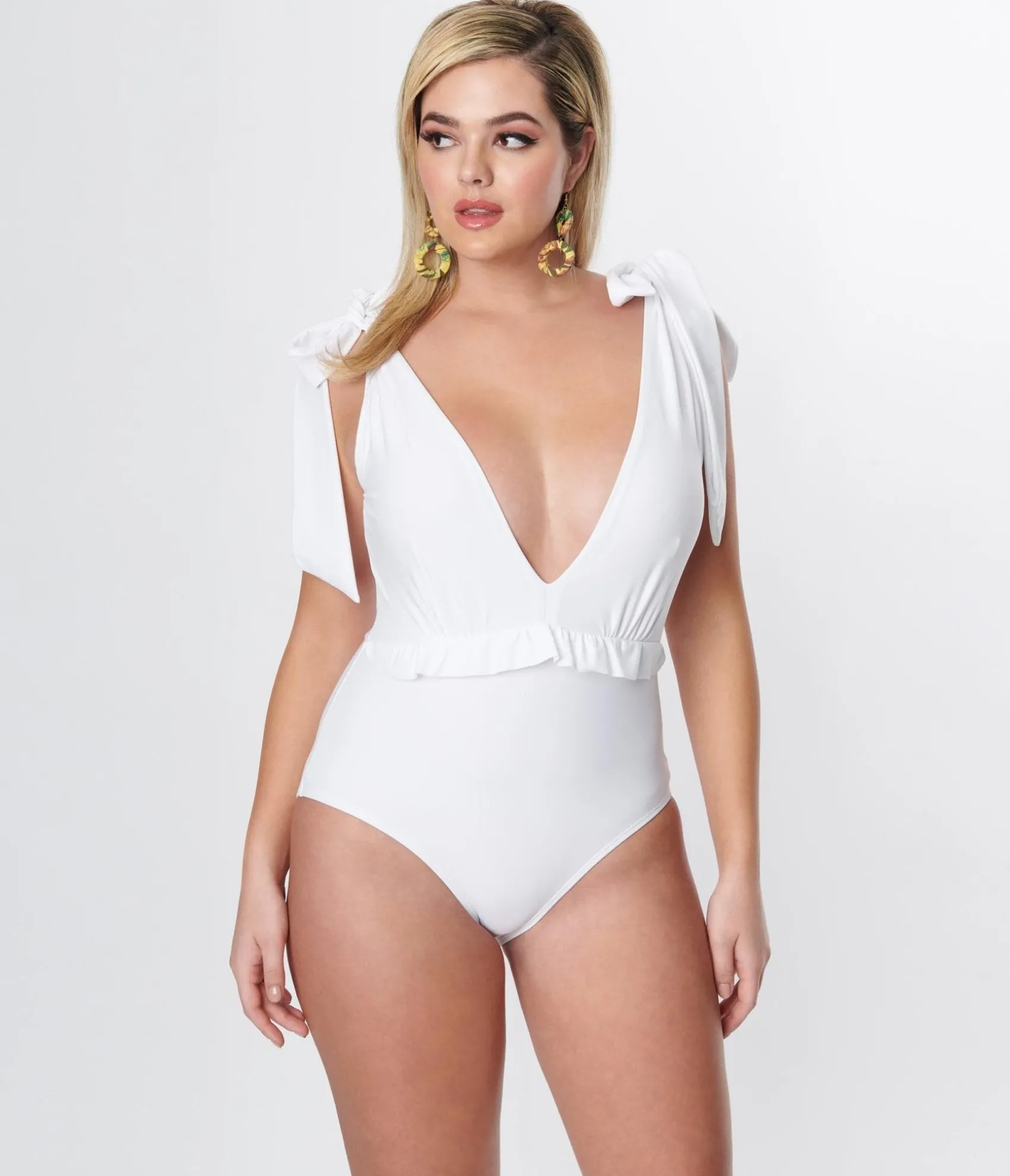 Unique Vintage White Plunge One Piece Swimsuit Cheap