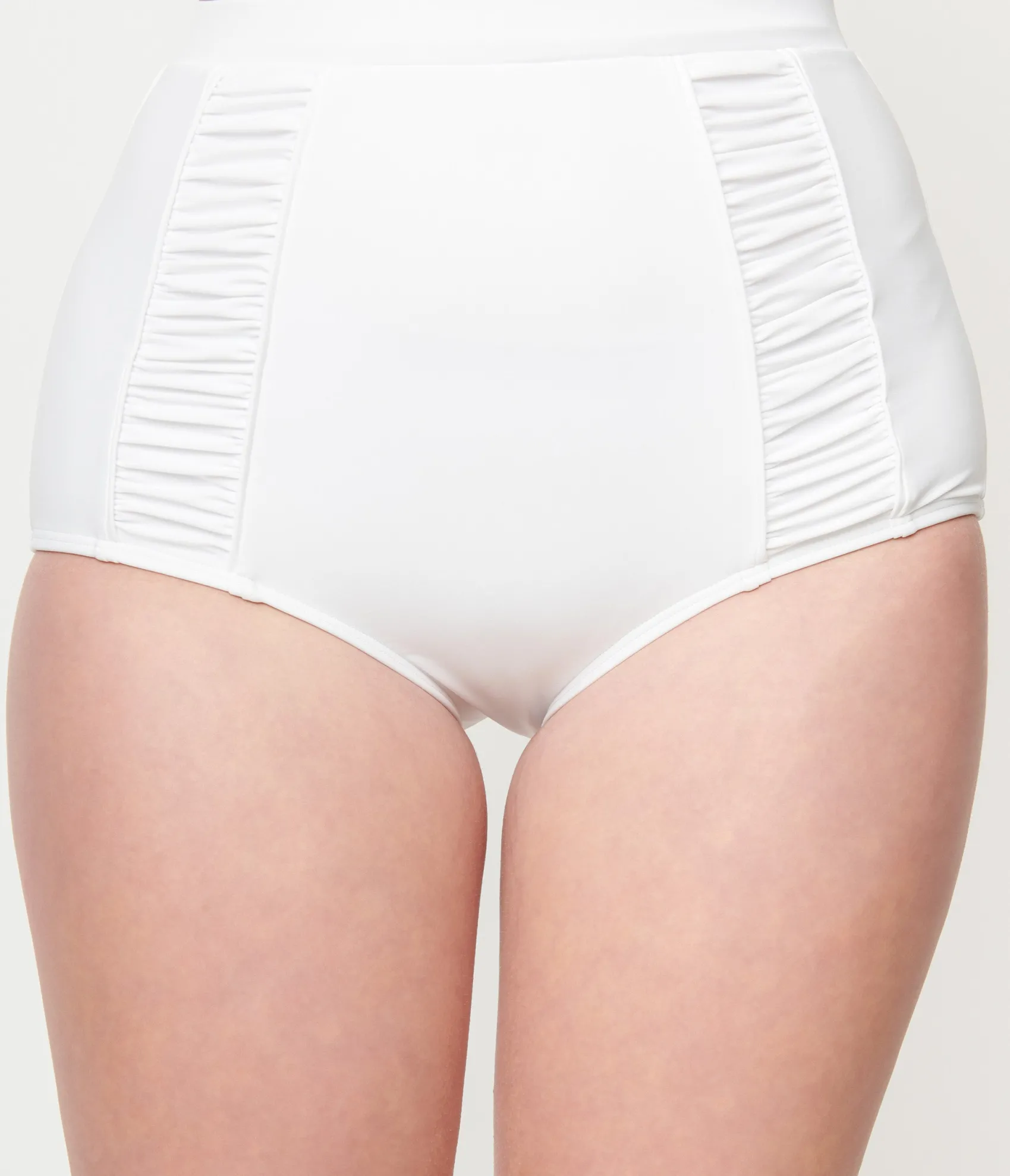 Unique Vintage White Ruched Swim Bottom Sale