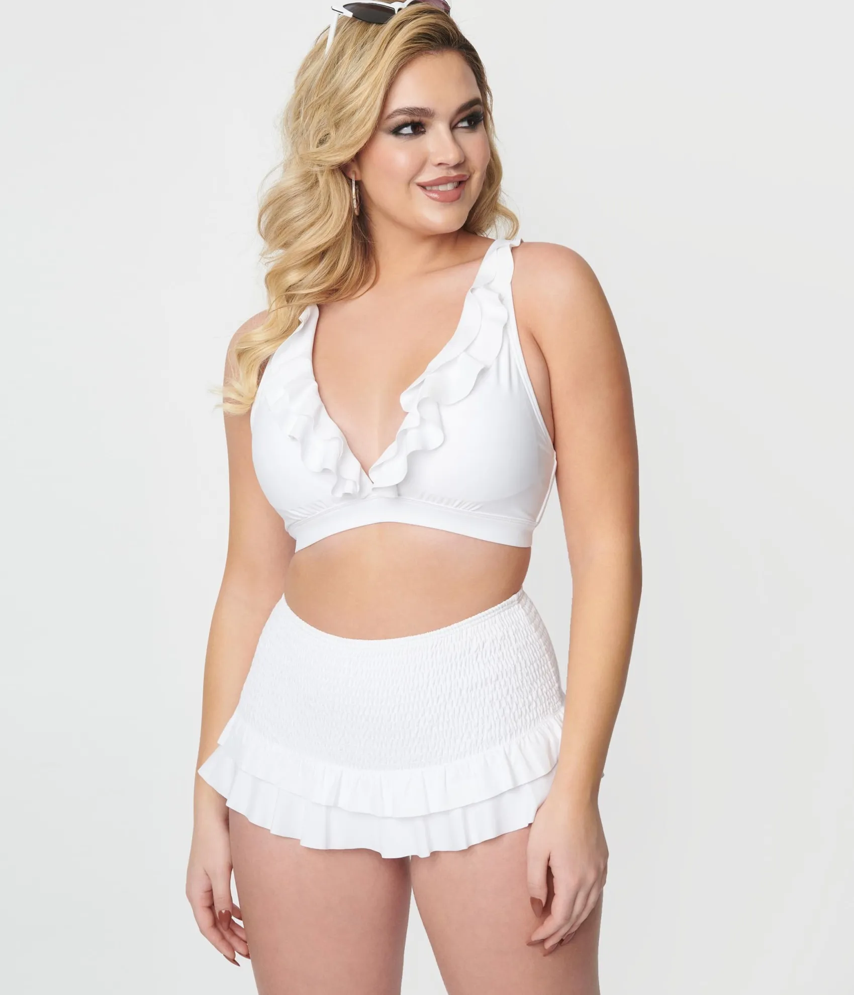 Unique Vintage White Ruffle Halter Swim Top Store