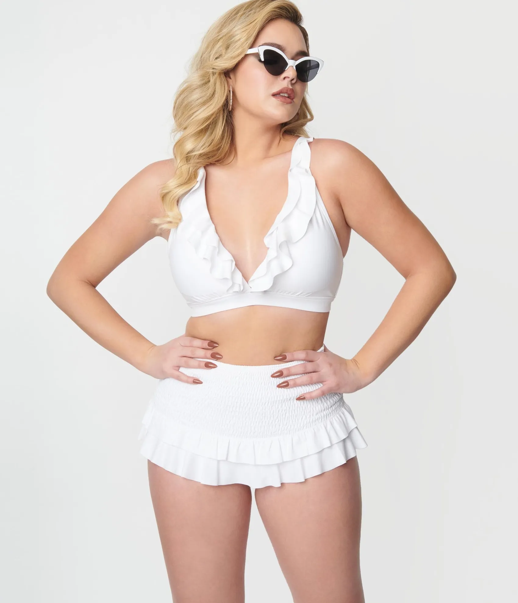 Unique Vintage White Ruffle Halter Swim Top Store