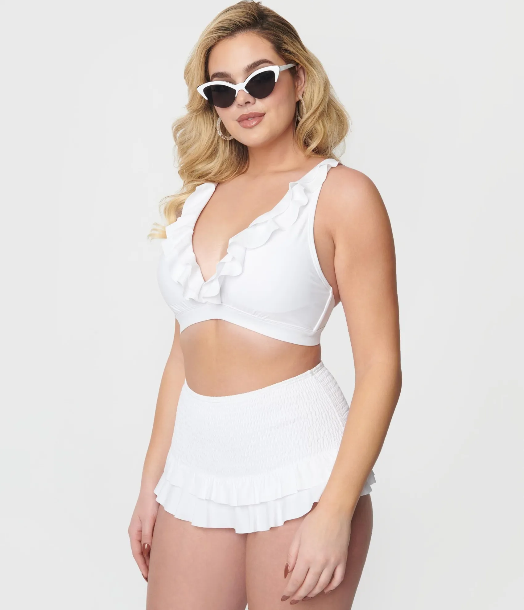 Unique Vintage White Ruffle Halter Swim Top Store