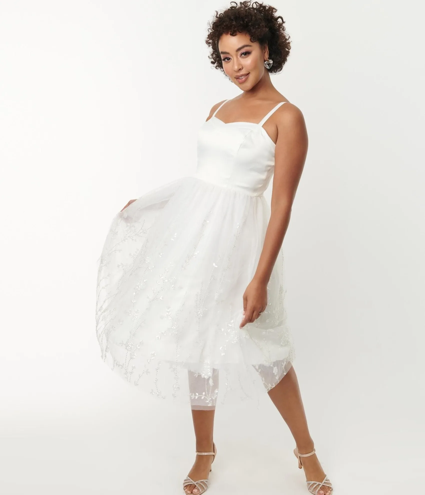 Unique Vintage White Tulle & Floral Beading Bertie Swing Dress Hot