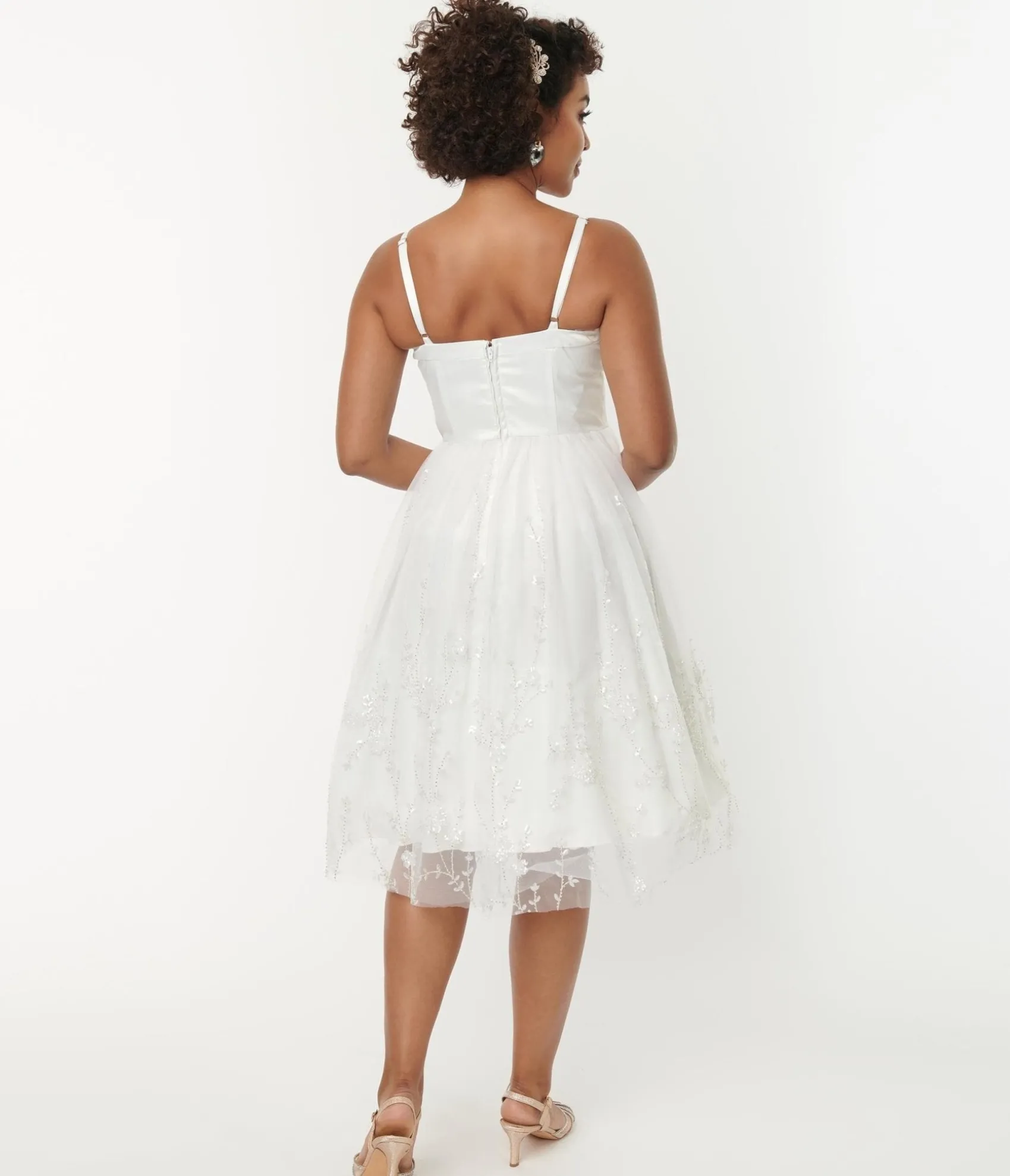 Unique Vintage White Tulle & Floral Beading Bertie Swing Dress Hot
