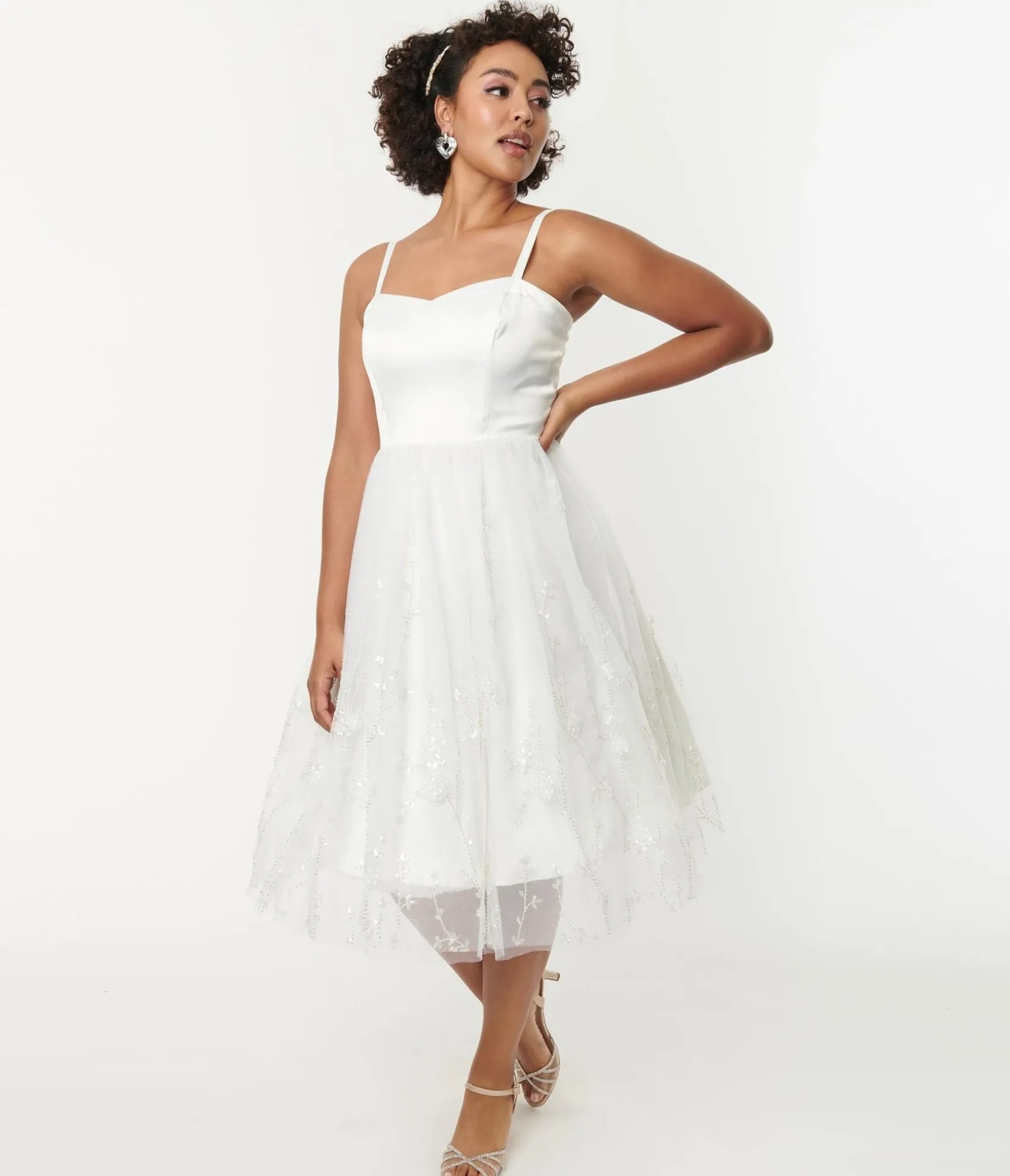 Unique Vintage White Tulle & Floral Beading Bertie Swing Dress Hot