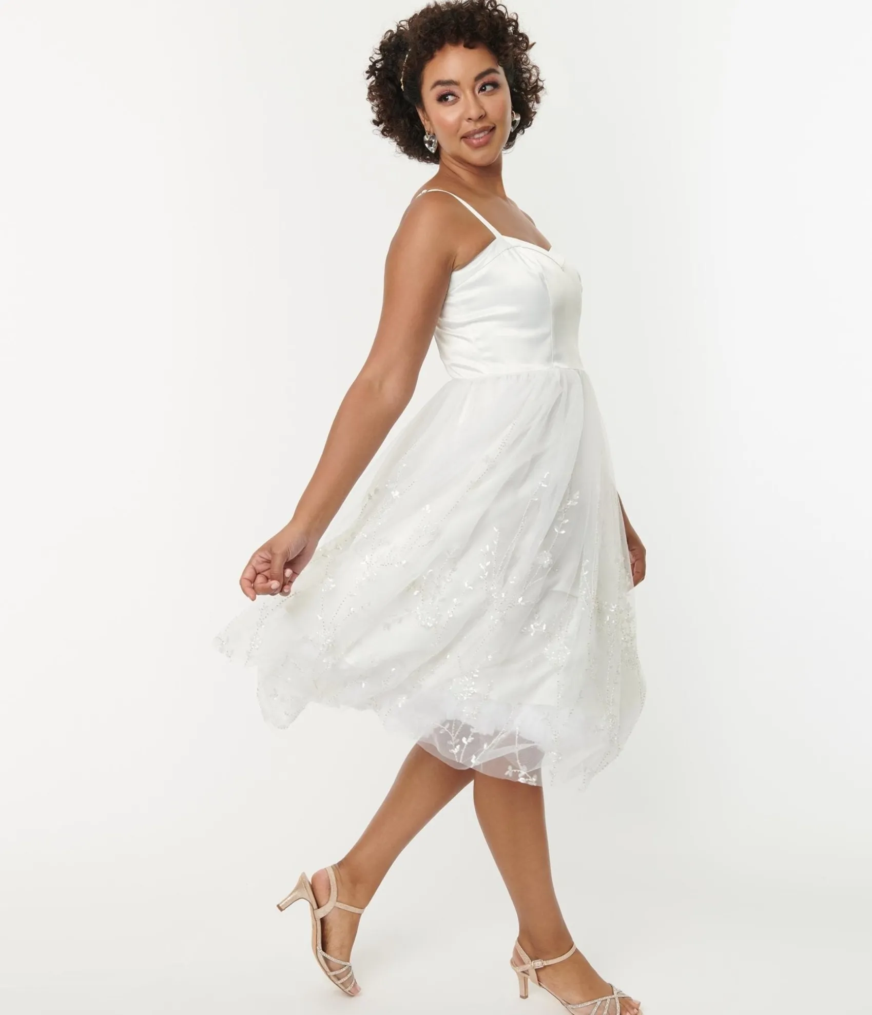 Unique Vintage White Tulle & Floral Beading Bertie Swing Dress Hot