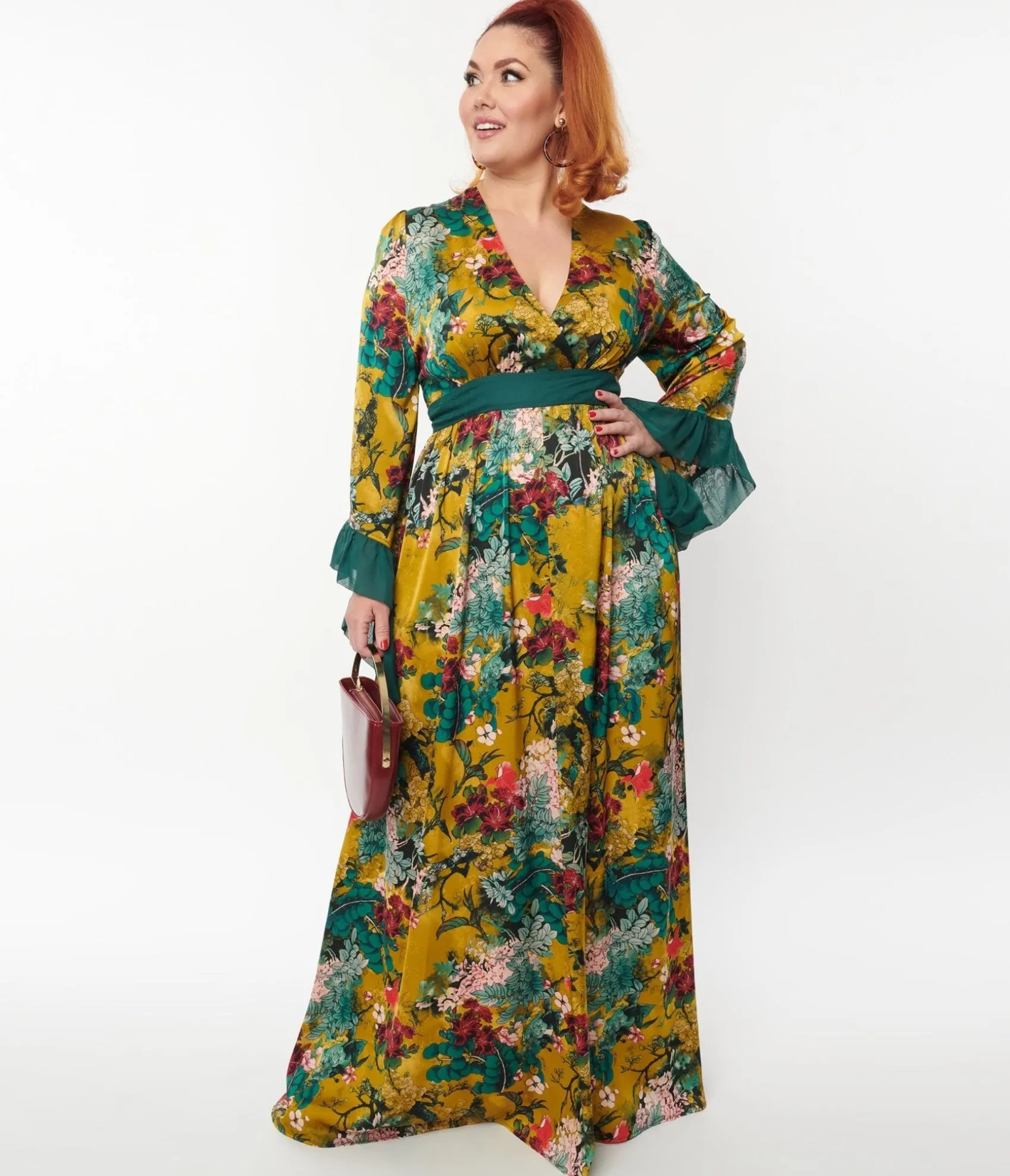 Unique Vintage Yellow & Teal Floral Print Maxi Dress Store