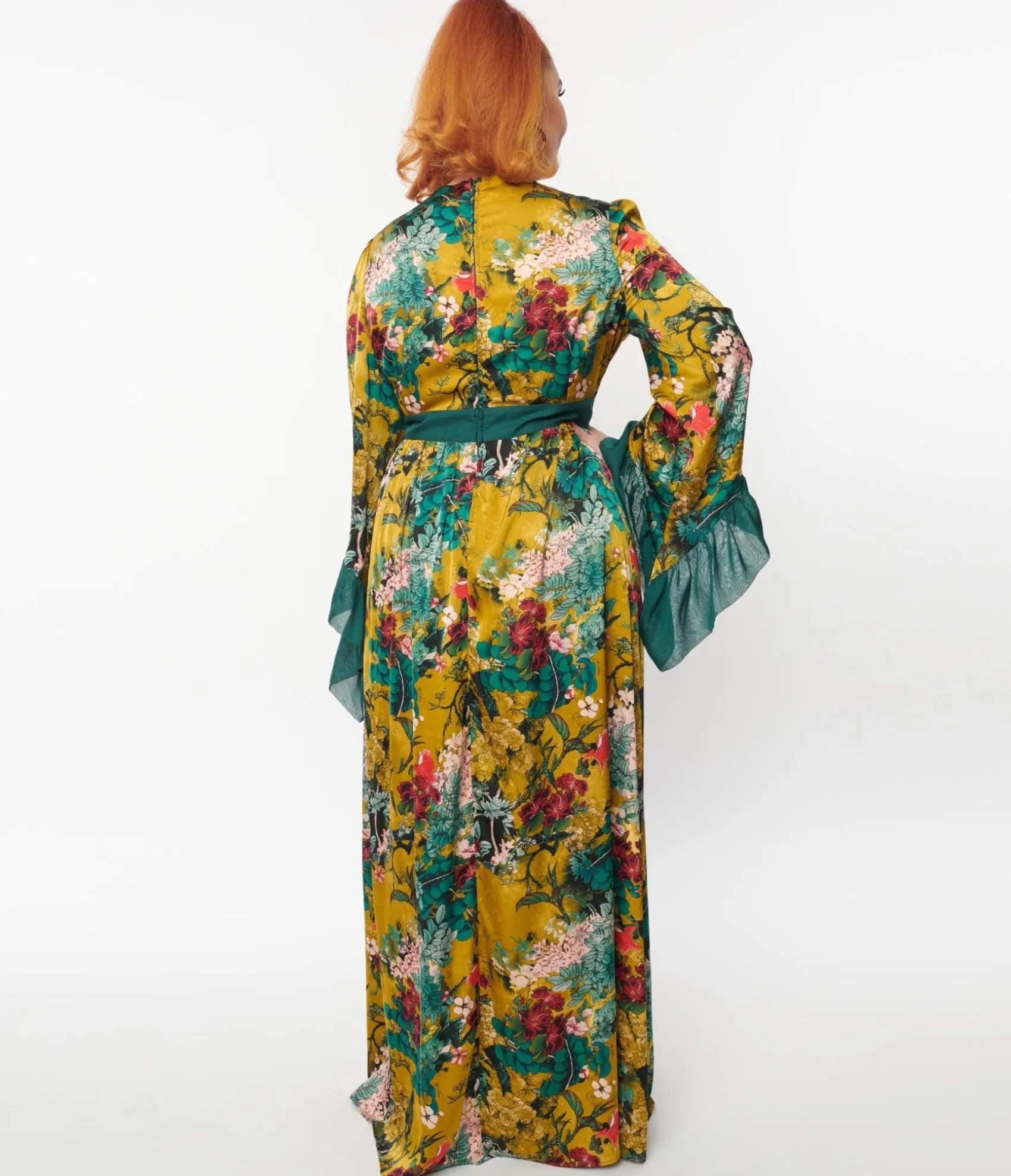 Unique Vintage Yellow & Teal Floral Print Maxi Dress Store
