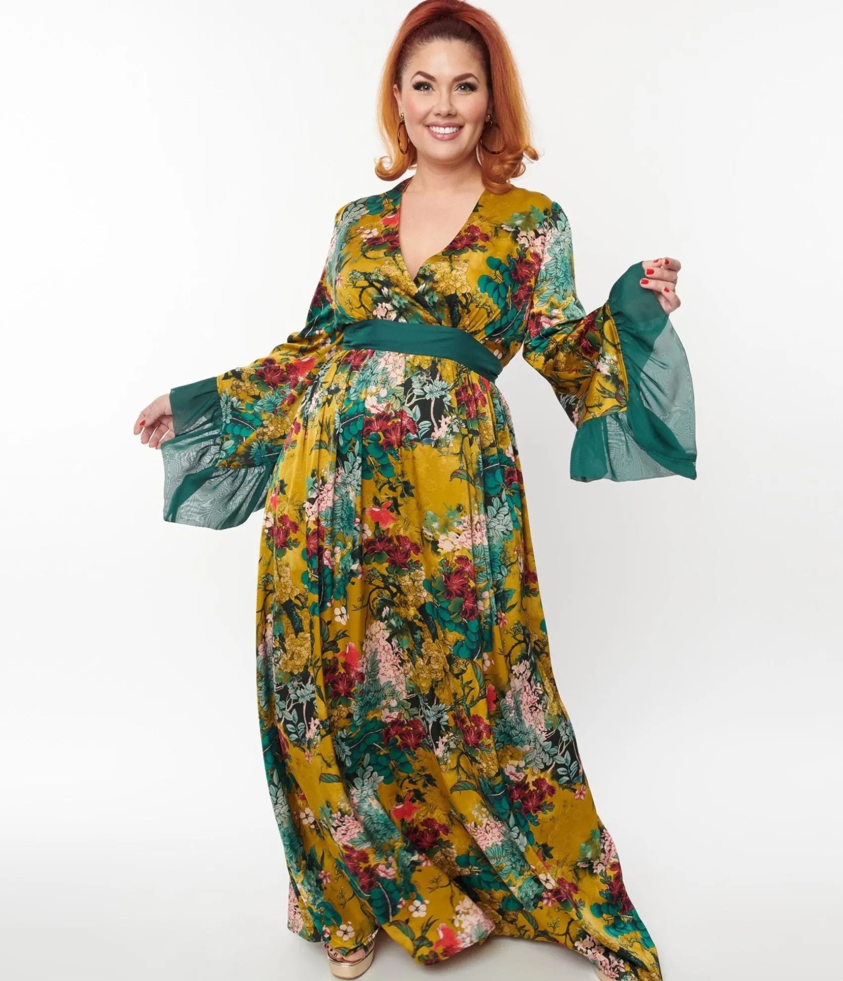 Unique Vintage Yellow & Teal Floral Print Maxi Dress Store