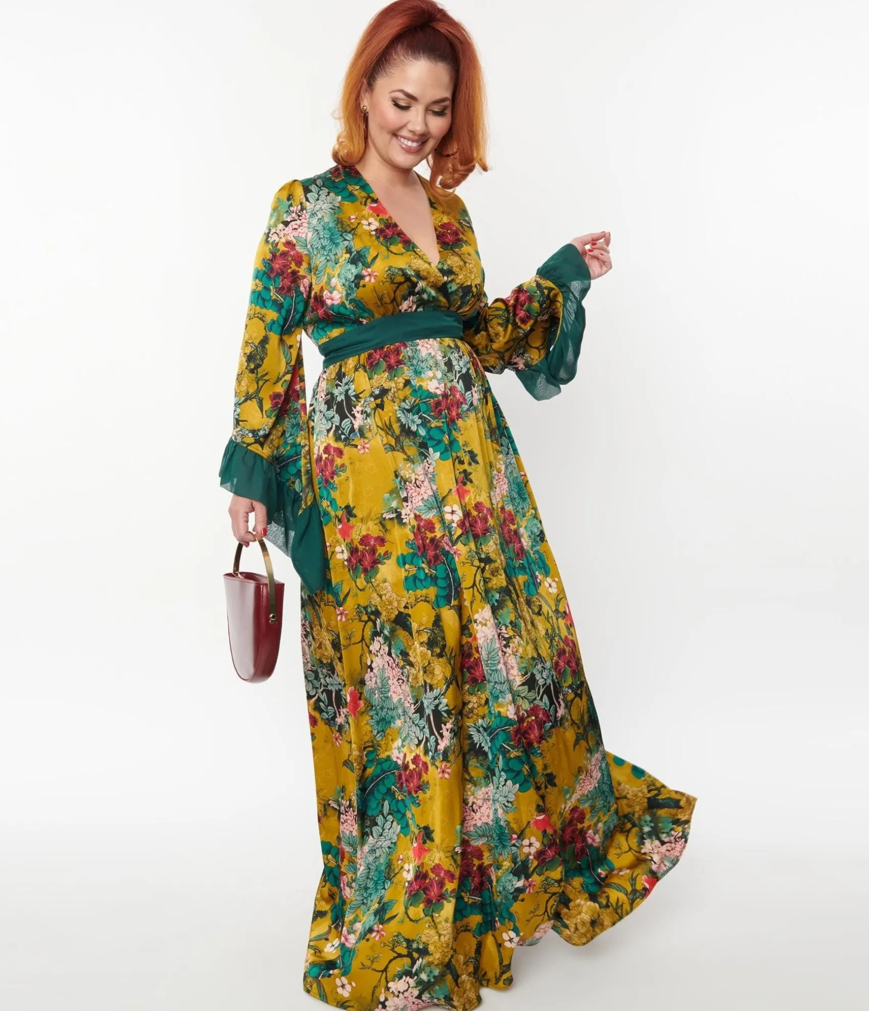 Unique Vintage Yellow & Teal Floral Print Maxi Dress Store