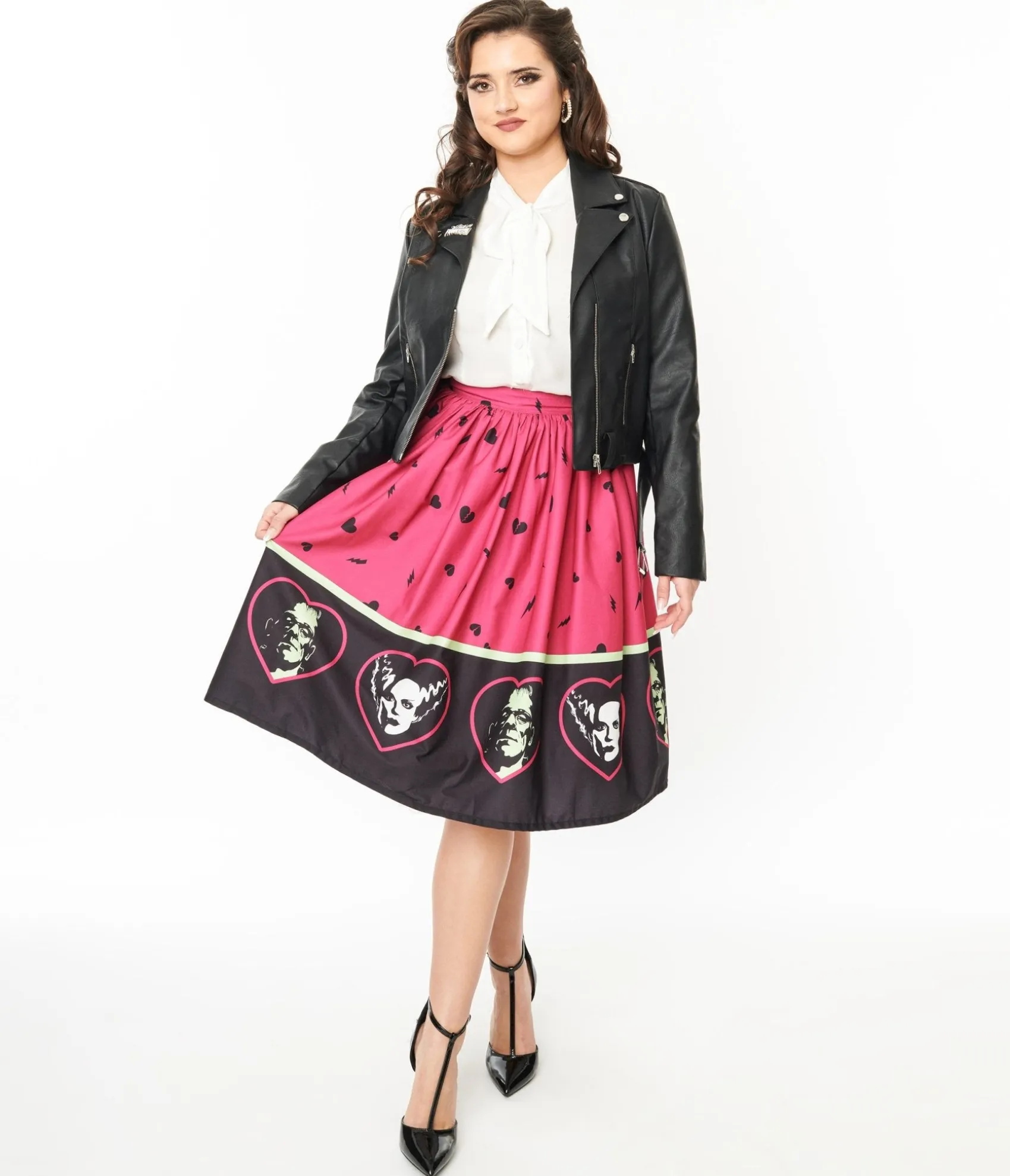 Unique Vintage Universal Monsters x Frankenstein & Bride Of Frankenstein Border Gellar Swing Skirt Hot