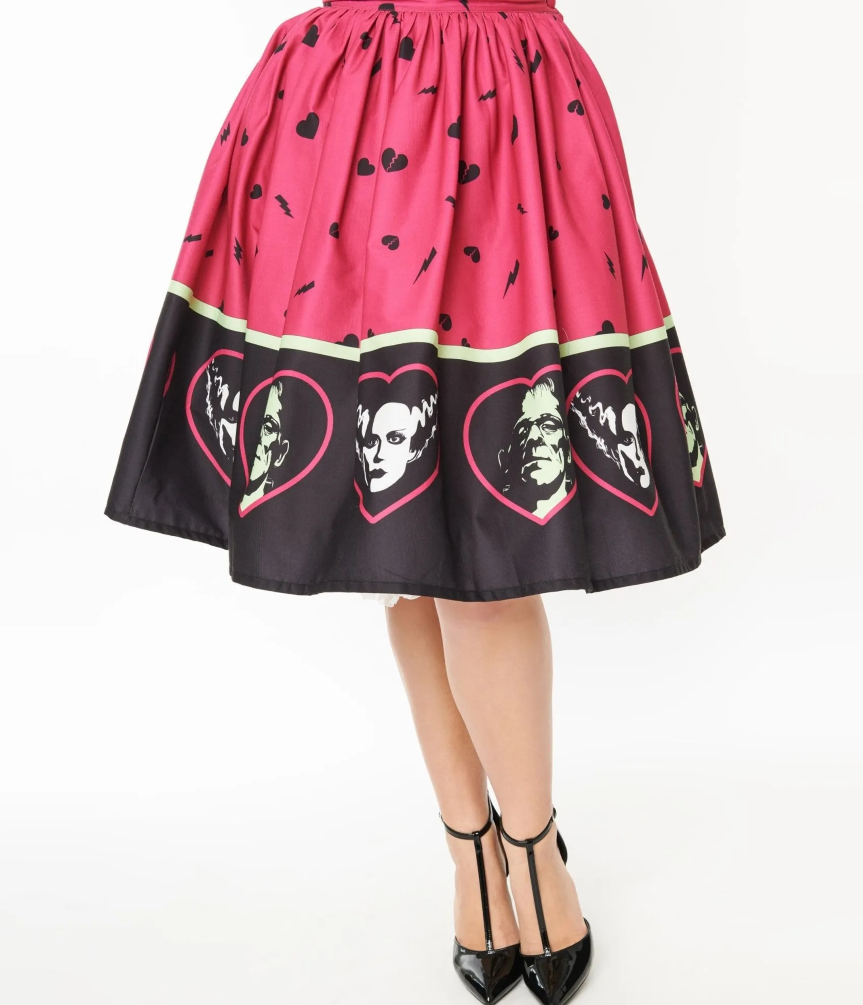 Unique Vintage Universal Monsters x Frankenstein & Bride Of Frankenstein Border Gellar Swing Skirt Hot