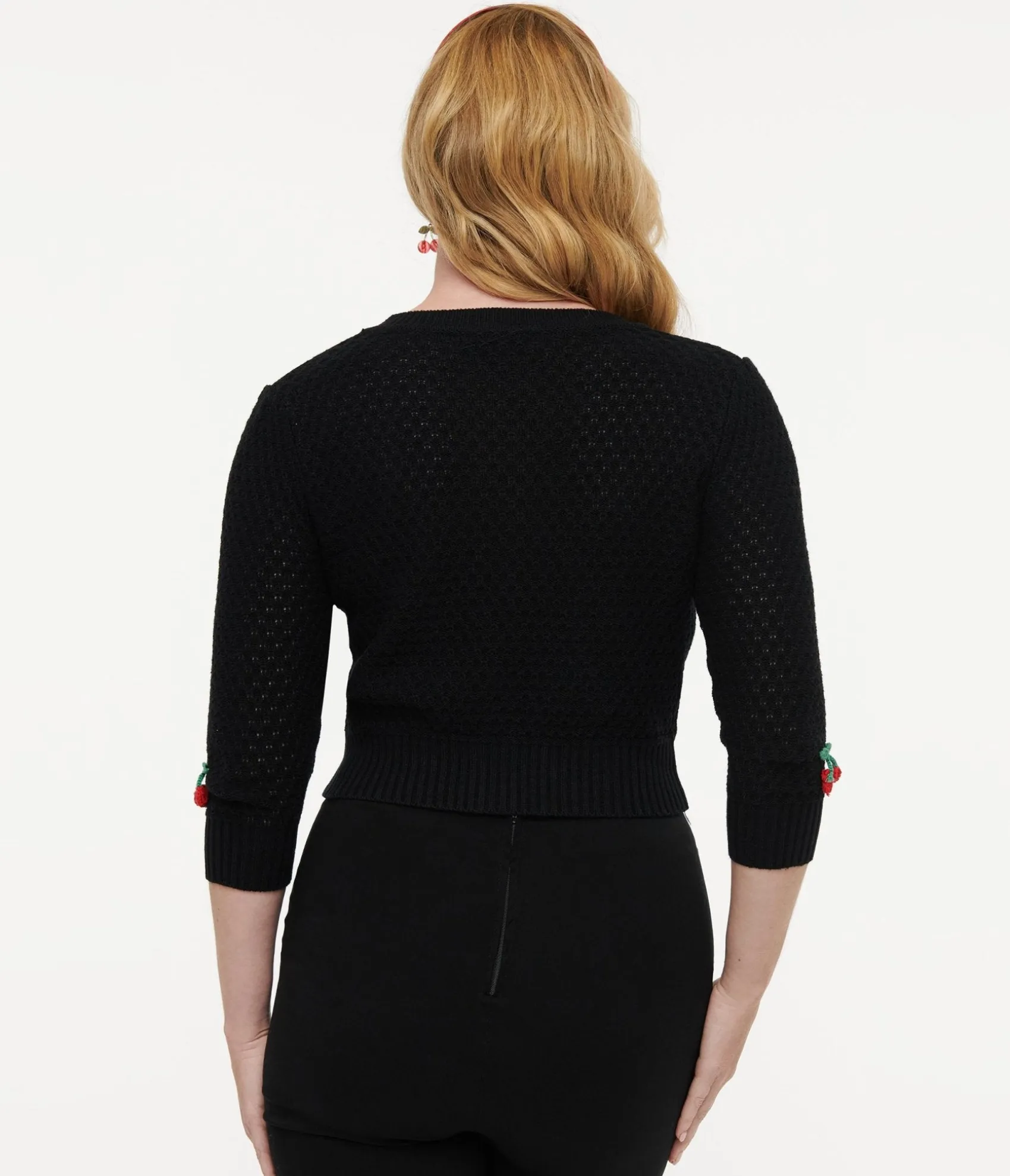 Unique Vintage Vintage Style Black & Red Cherry Three-Quarter Sleeve Knit Crop Cardigan Store