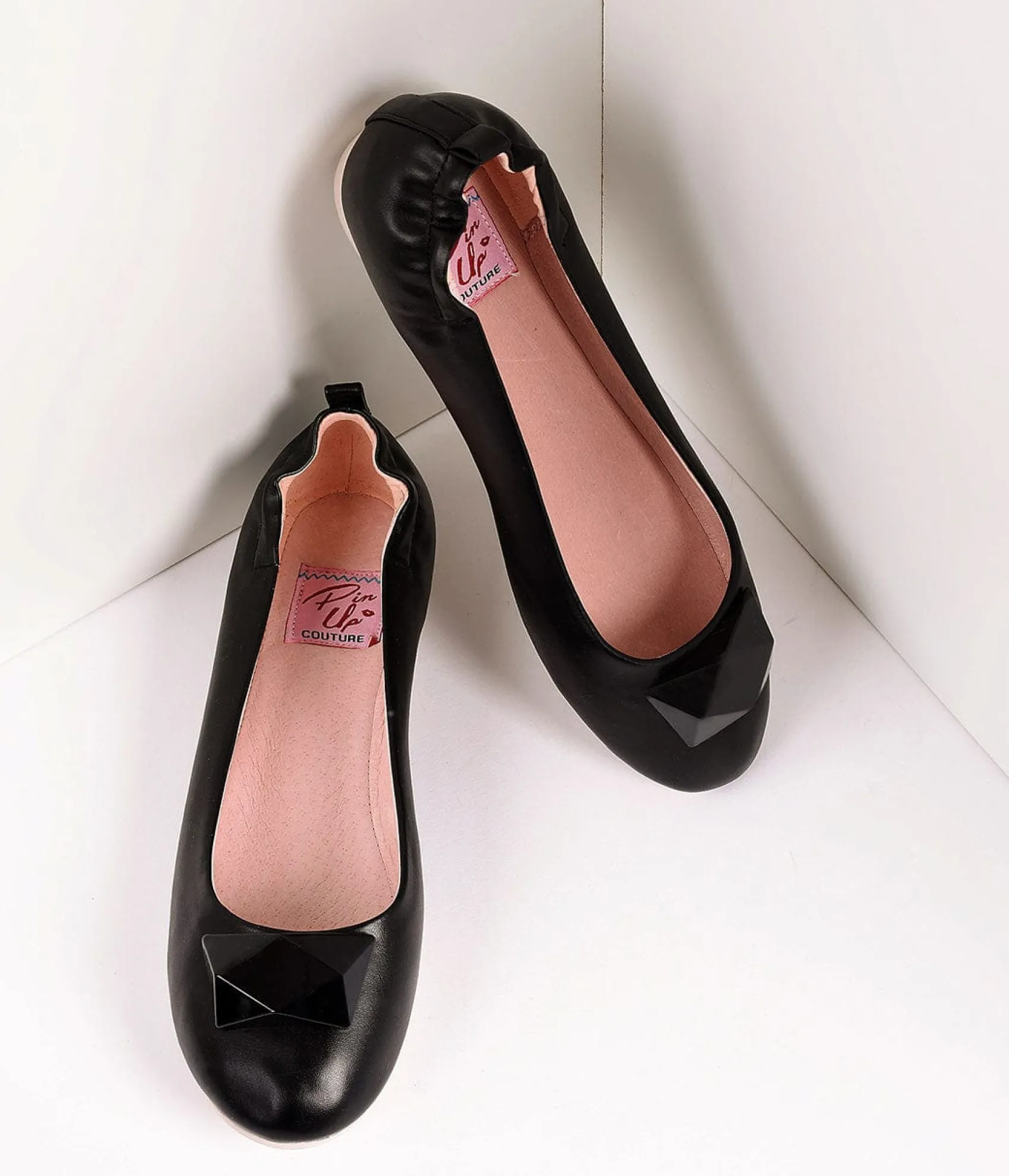 Unique Vintage Vintage Style Black Leatherette & Geometric Gem Ballet Flats Cheap