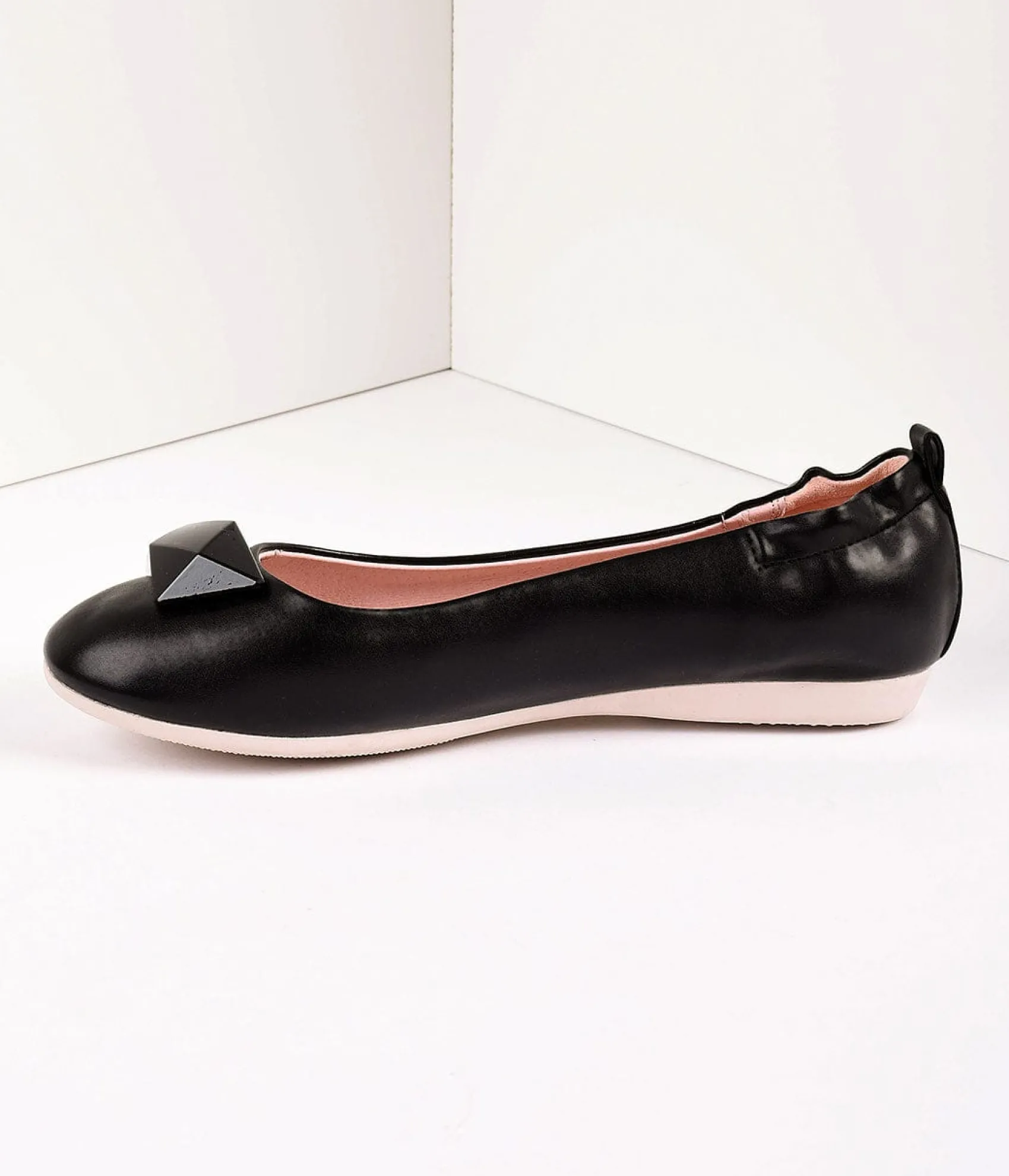 Unique Vintage Vintage Style Black Leatherette & Geometric Gem Ballet Flats Cheap
