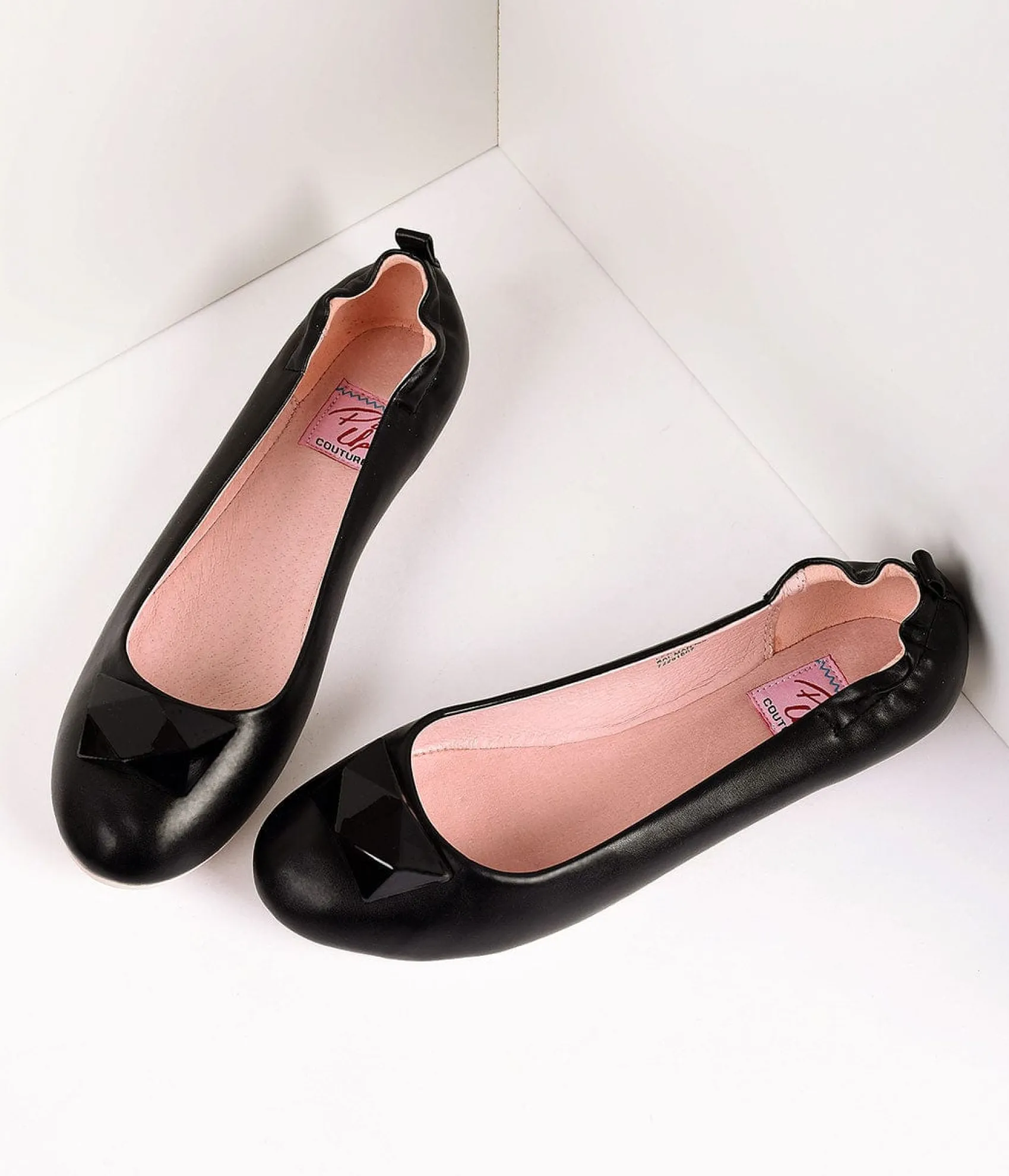 Unique Vintage Vintage Style Black Leatherette & Geometric Gem Ballet Flats Cheap