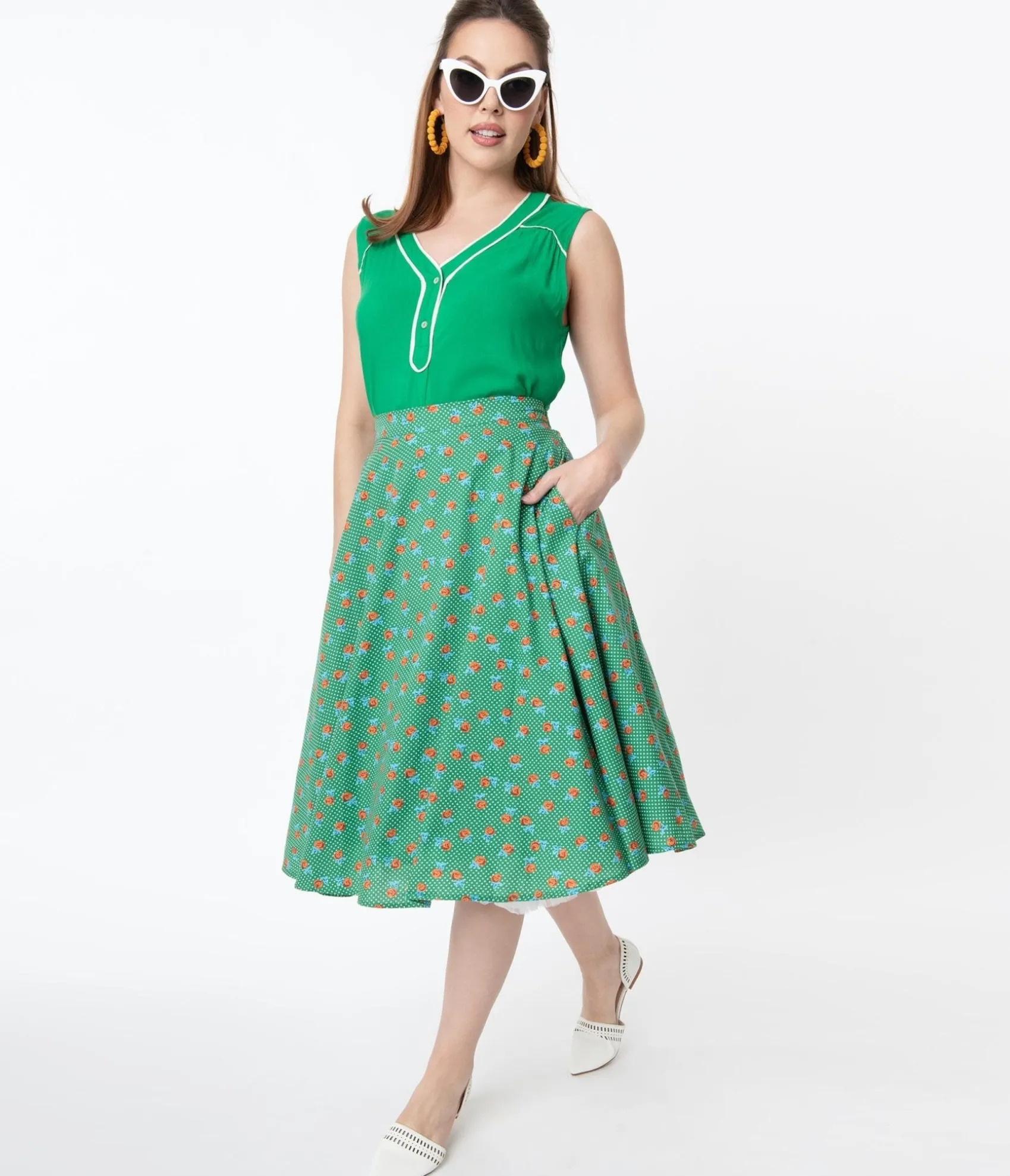 Unique Vintage Vintage Style Green Dotted & Red Floral Swing Skirt Online