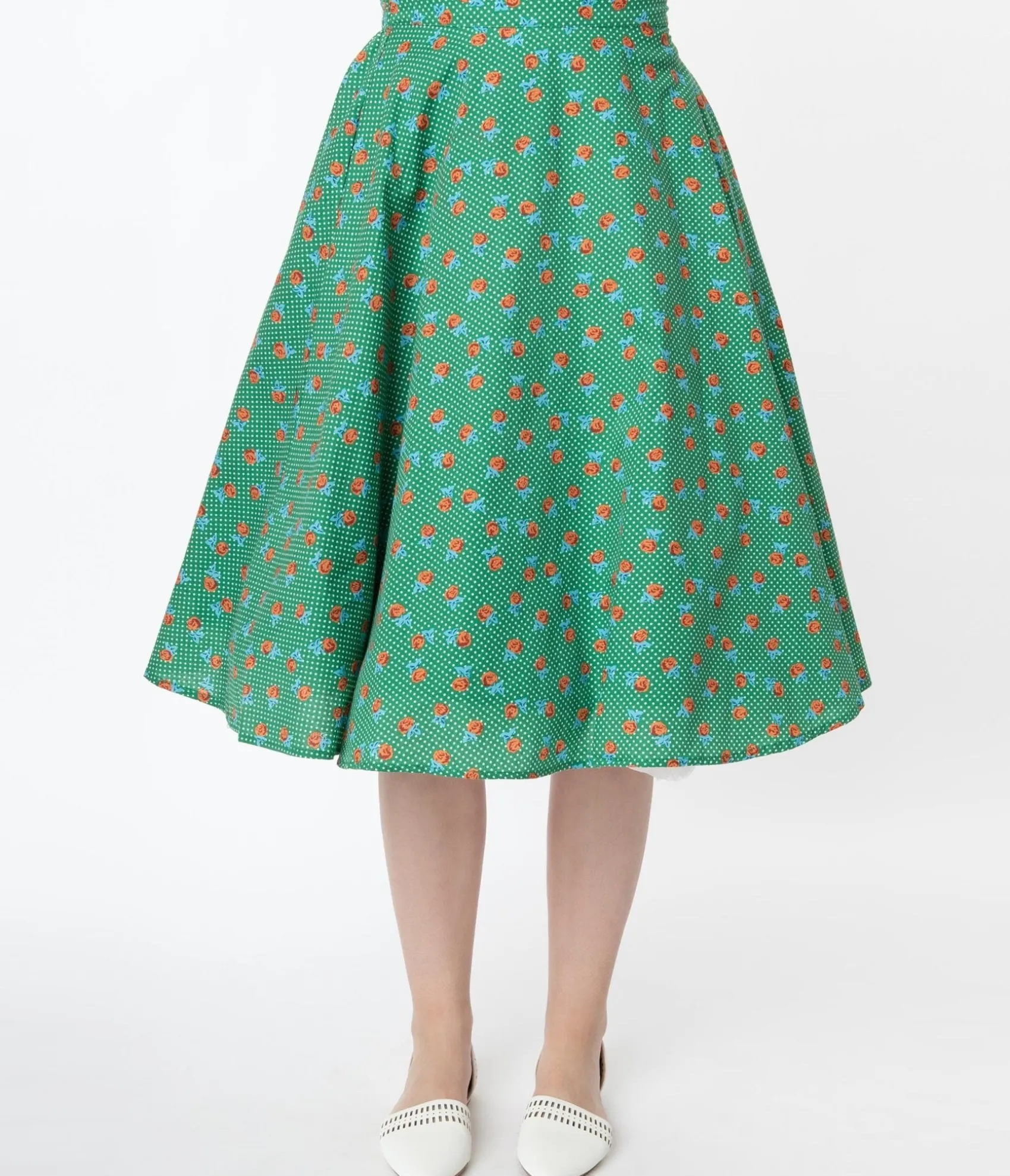 Unique Vintage Vintage Style Green Dotted & Red Floral Swing Skirt Online