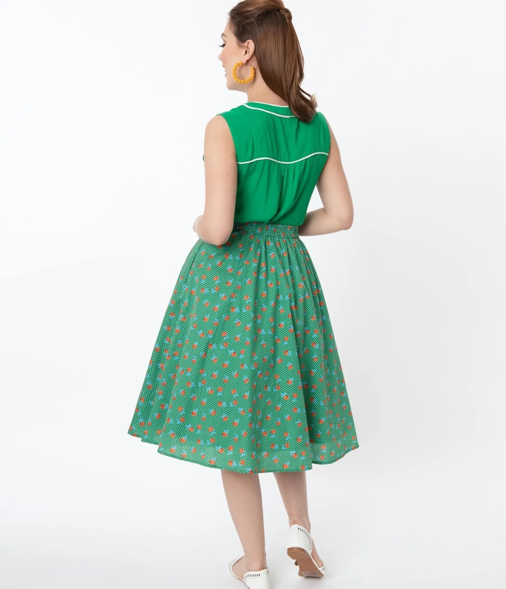 Unique Vintage Vintage Style Green Dotted & Red Floral Swing Skirt Online