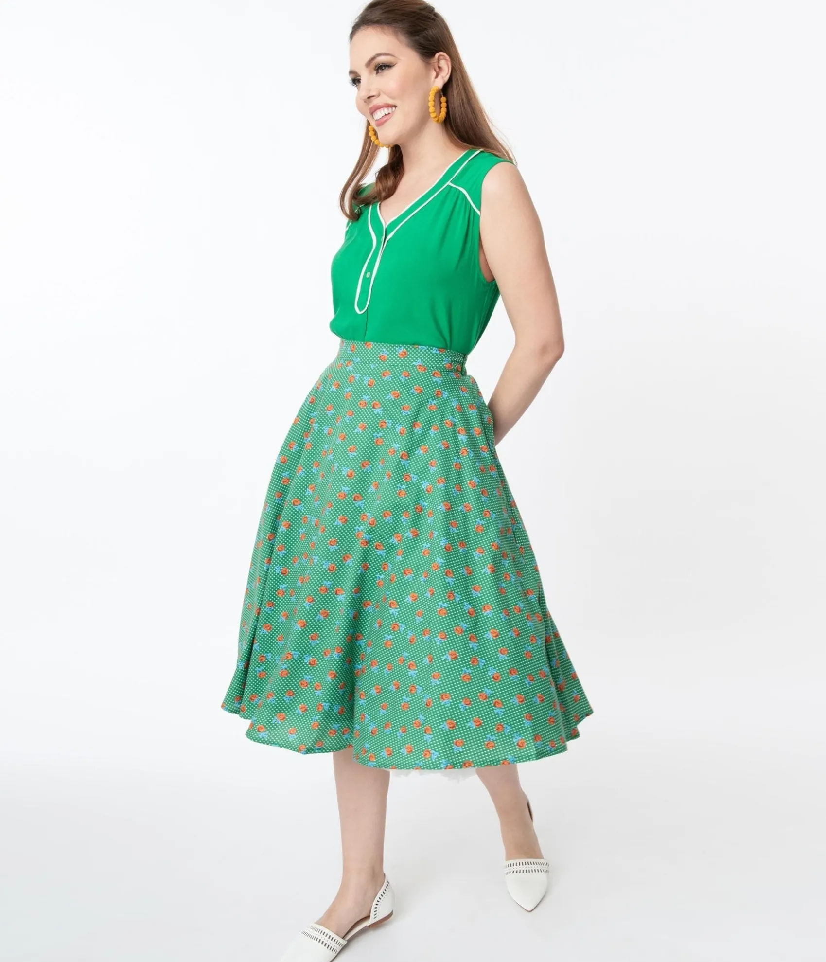 Unique Vintage Vintage Style Green Dotted & Red Floral Swing Skirt Online