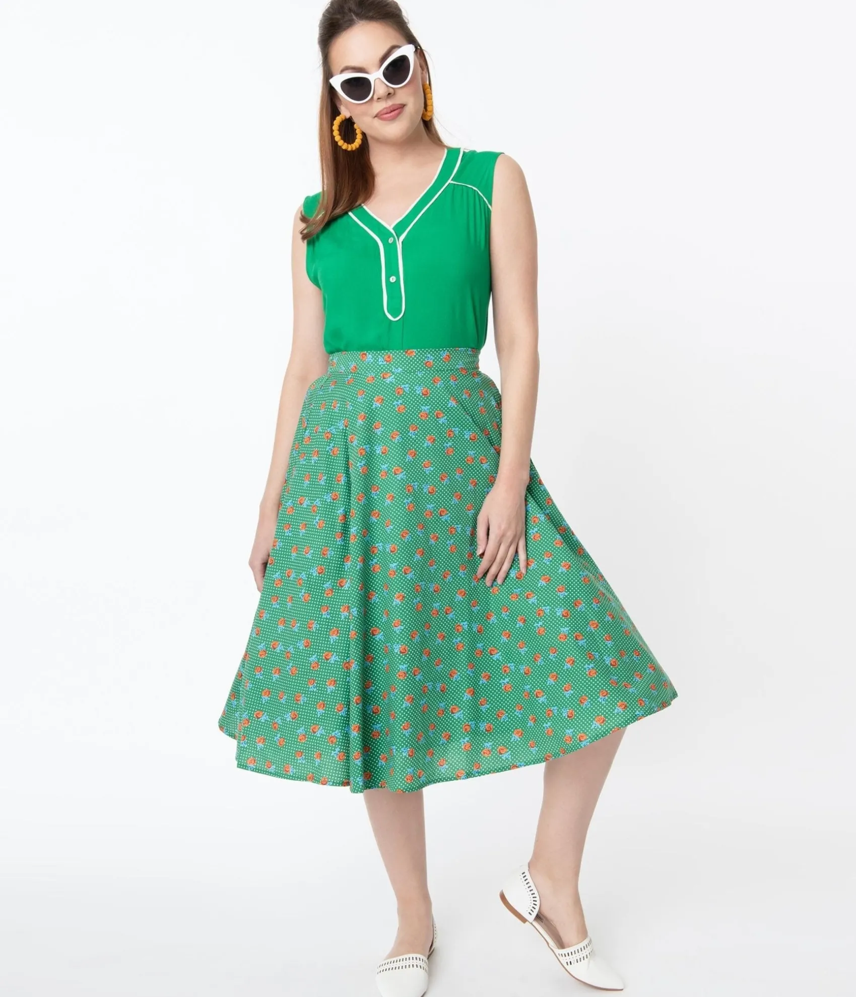 Unique Vintage Vintage Style Green Dotted & Red Floral Swing Skirt Online