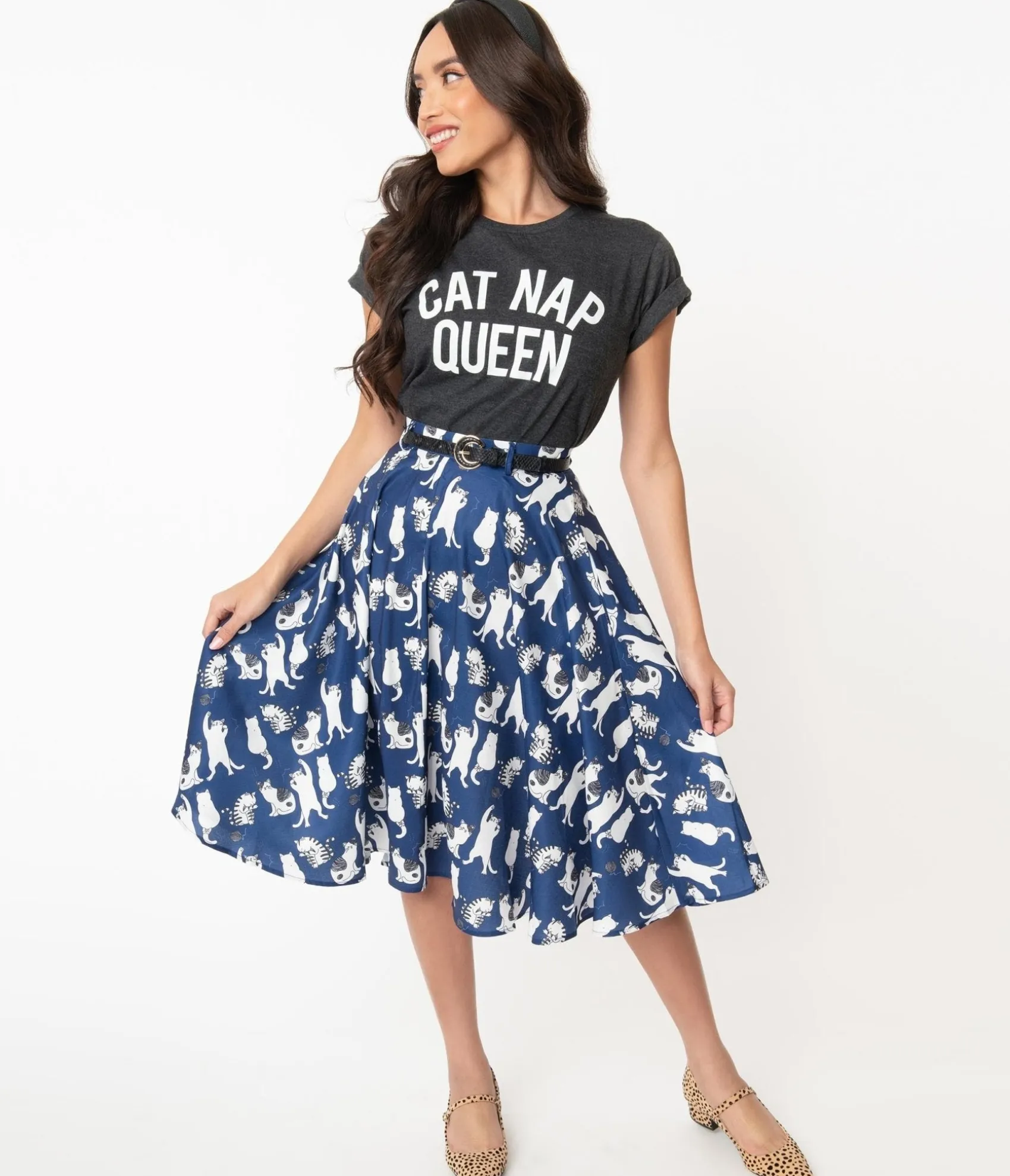 Unique Vintage Vintage Style Navy & White Cat Print Swing Skirt Clearance