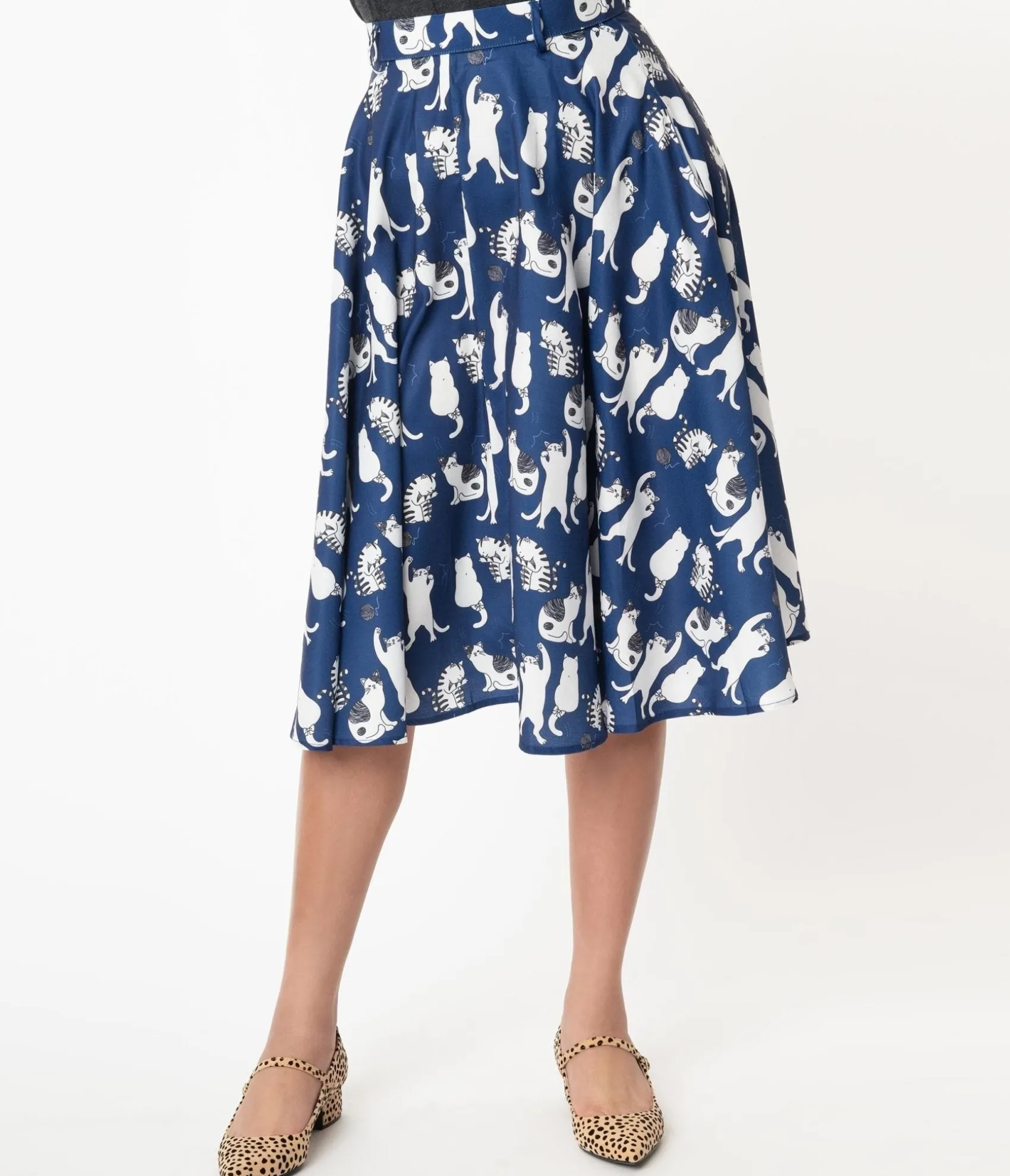 Unique Vintage Vintage Style Navy & White Cat Print Swing Skirt Clearance