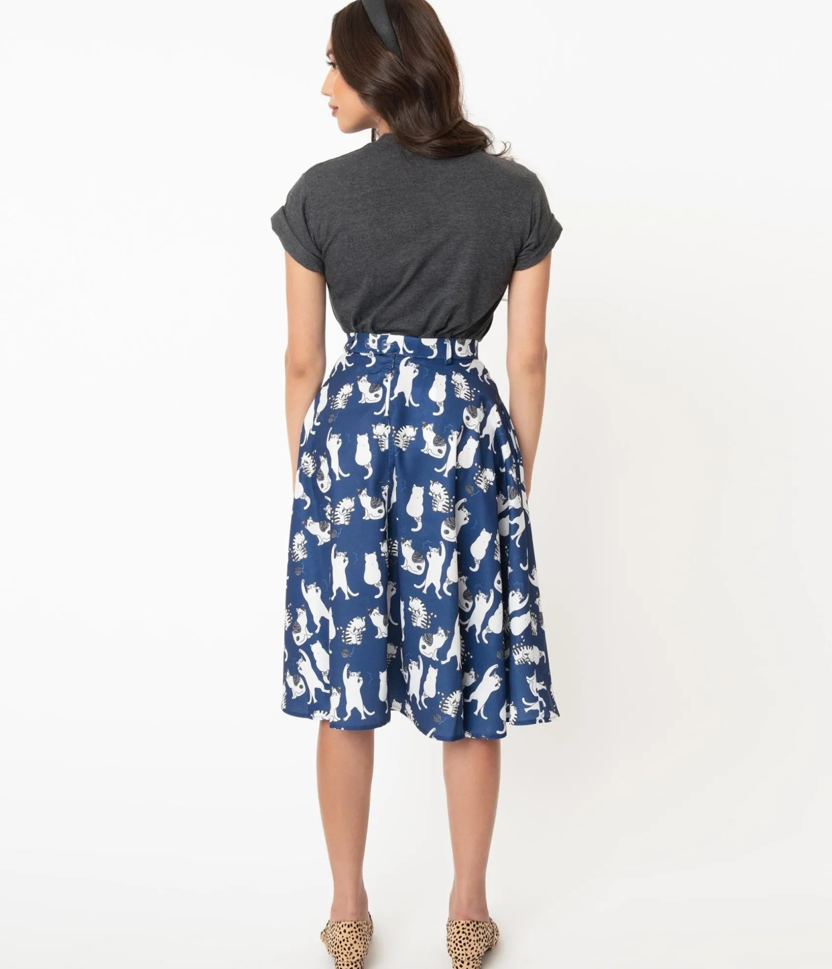 Unique Vintage Vintage Style Navy & White Cat Print Swing Skirt Clearance
