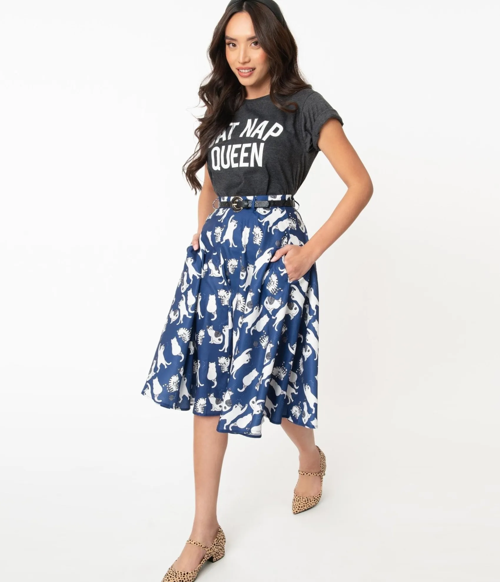 Unique Vintage Vintage Style Navy & White Cat Print Swing Skirt Clearance